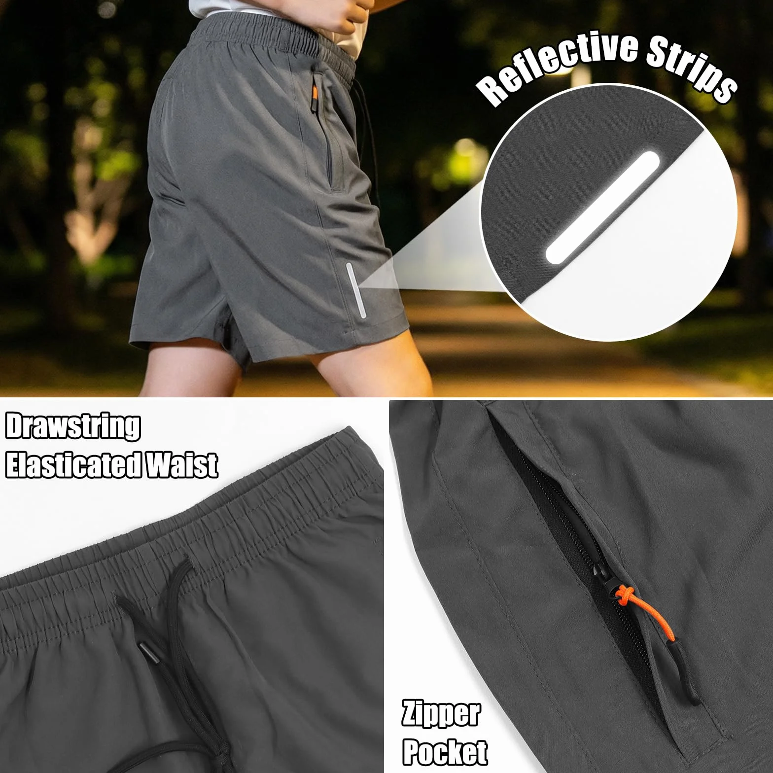 Shorts de Sport Garçons Lot de 2 Séchage Rapide Enfants Bandes Réfléchissantes Poche Zippée Cordon Coulissant Cyclisme 6-13 Ans