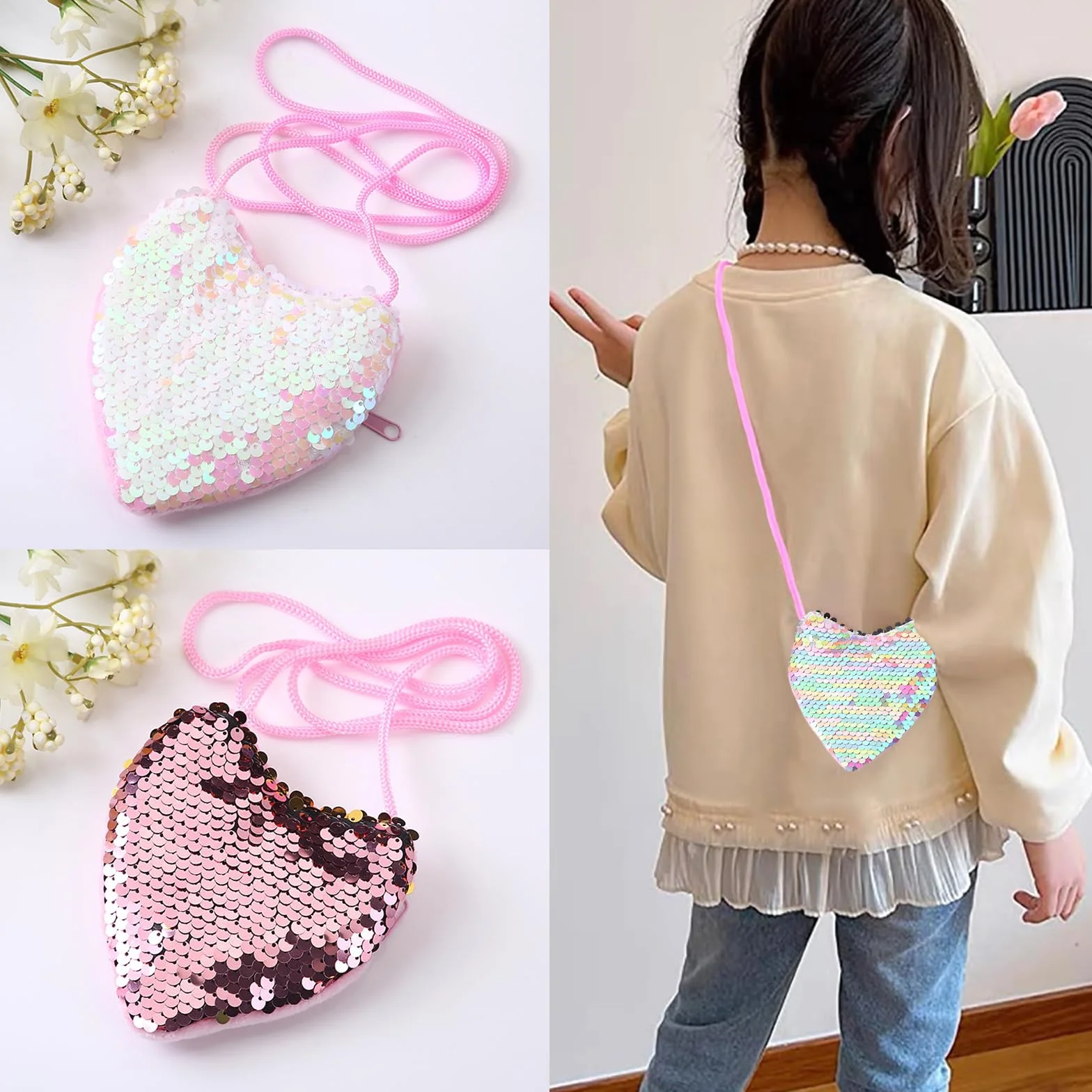 Porte-monnaie fille paillettes 4 pièces cœur enfant sac anniversaire portefeuille