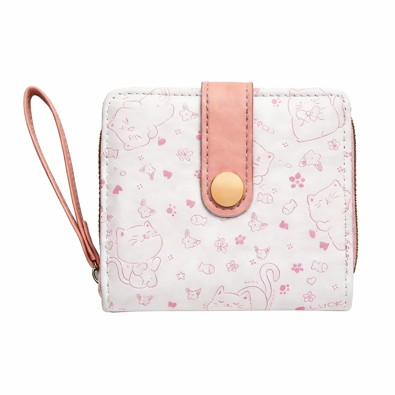Porte Monnaie Fille Motif Chat Mignon Portefeuille Ado avec Fermeture en Cuir Rose
