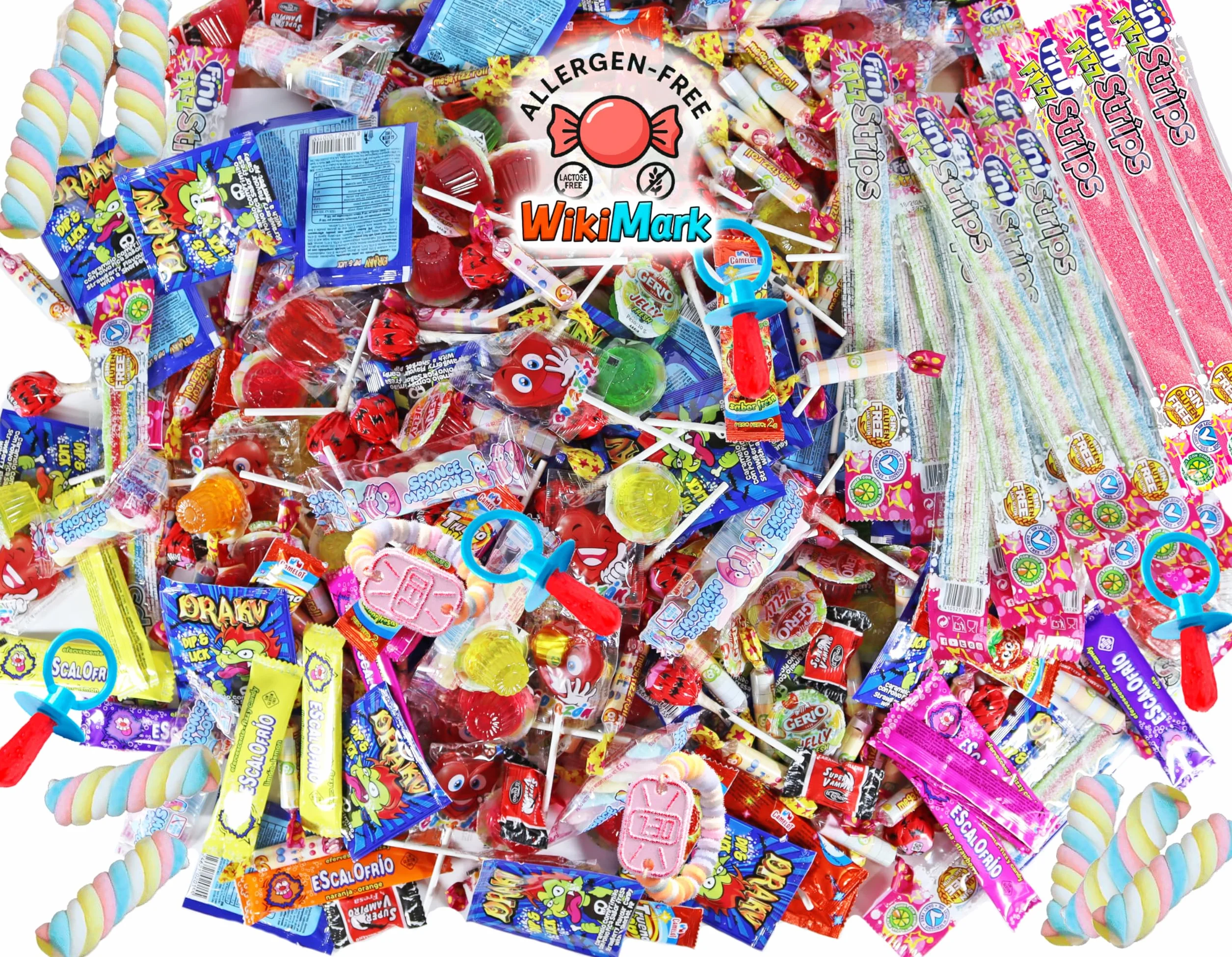 Mega Box 110 friandises remplies de pinata sans allergène, friandises et bonbons – Parfait pour les anniversaires, fêtes, Noël, Halloween. Sans gluten et sans lait. Comprend des langues de fraise.