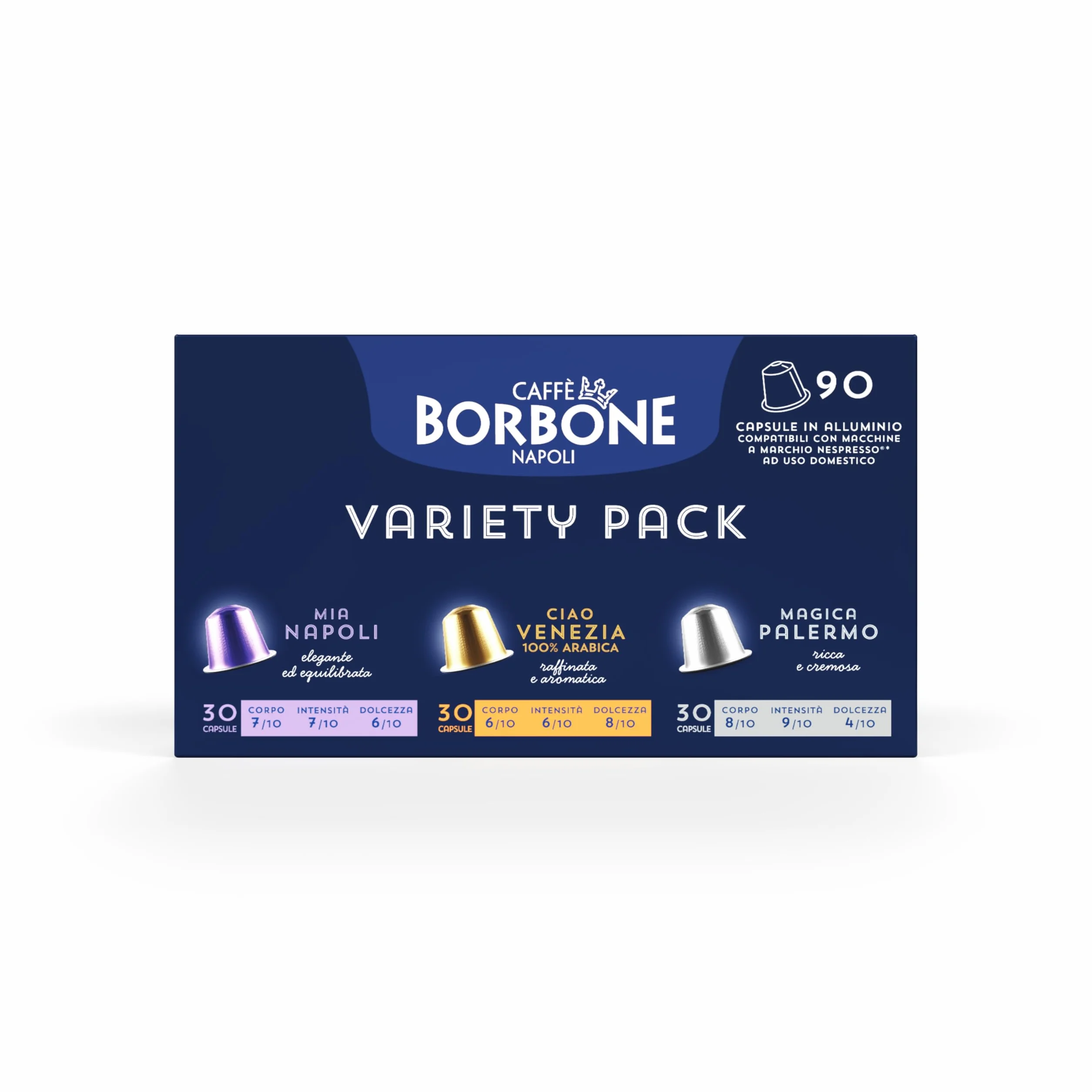 Caffè Borbone Kit de Dégustation 90 Capsules en Aluminium: 30 Mia Napoli, 30 Ciao Venezia, 30 Magica Palermo - 30 paquets de 30) - Compatibles avec les machines à café à usage domestique Nespresso*
