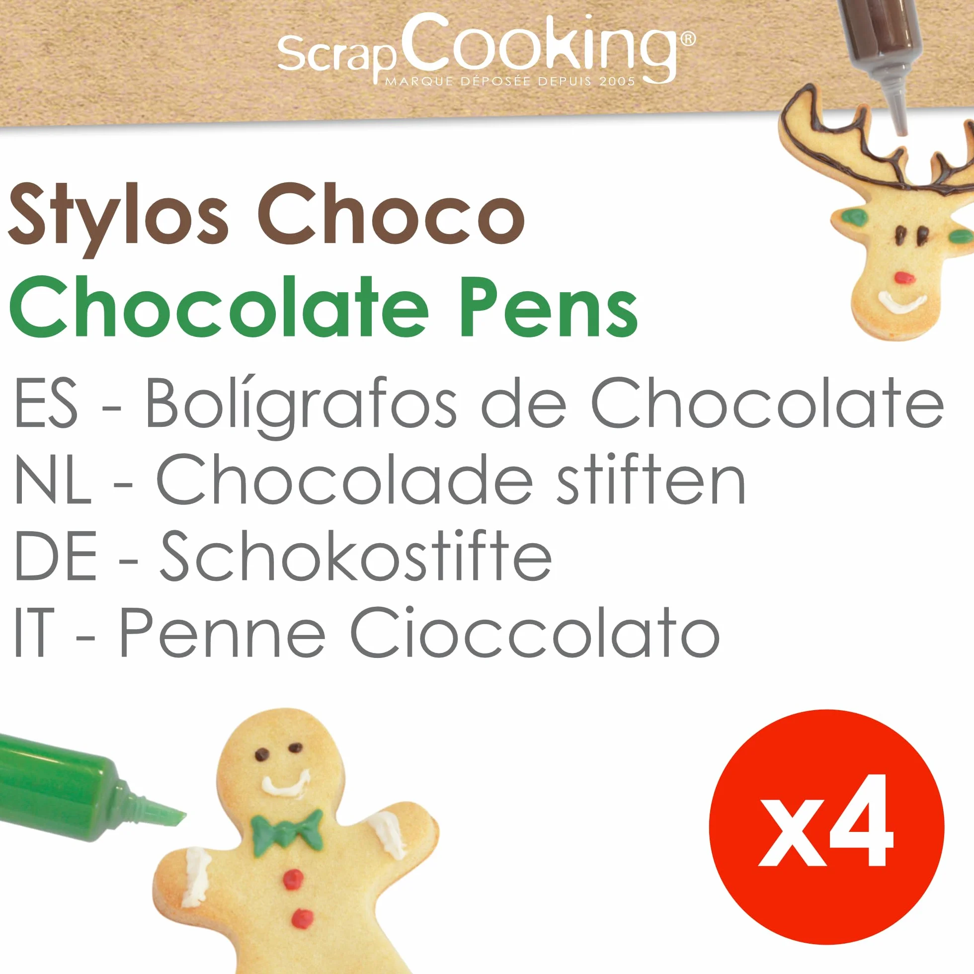 ScrapCooking - 4 Stylos Choco Noël - Marron, Blanc, Vert & Rouge - Crayons Alimentaires Pâtisserie - Colorants Décoratifs Comestibles - Écrire & Dessiner sur Desserts, Gâteaux & Biscuits - 7060
