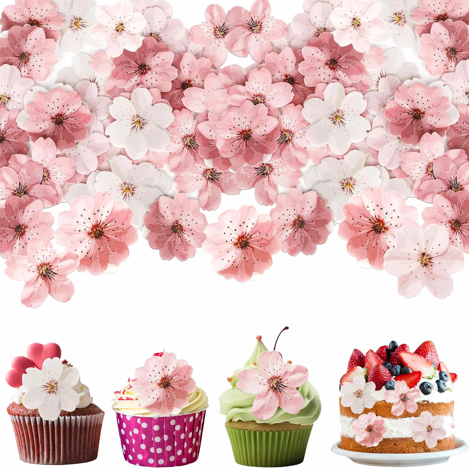 50 Pièces Fleurs Comestibles Cupcake, Fleurs Comestibles pour Gateau, Gluant Papier de Riz Décoratif Gâteau, Décoration de Gâteau pour Anniversaires, Fête Mariage(Rose et blanc)