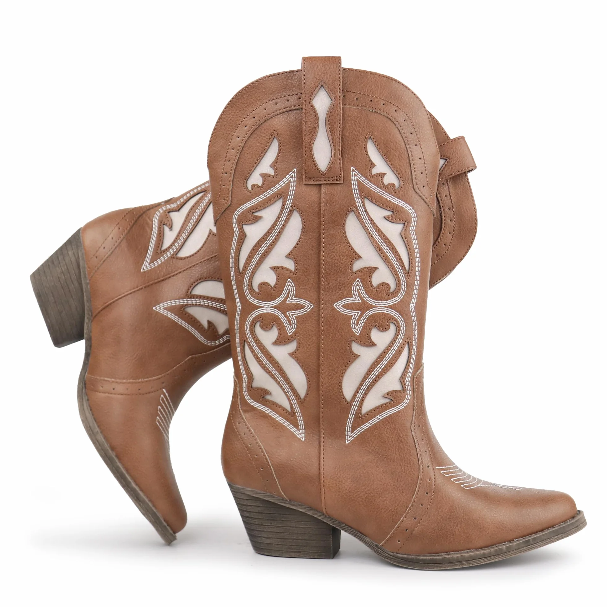 Bottes cowboy femme Hawkwell à broderie mi-mollet bout pointu talon carré entrée facile taille 36-42