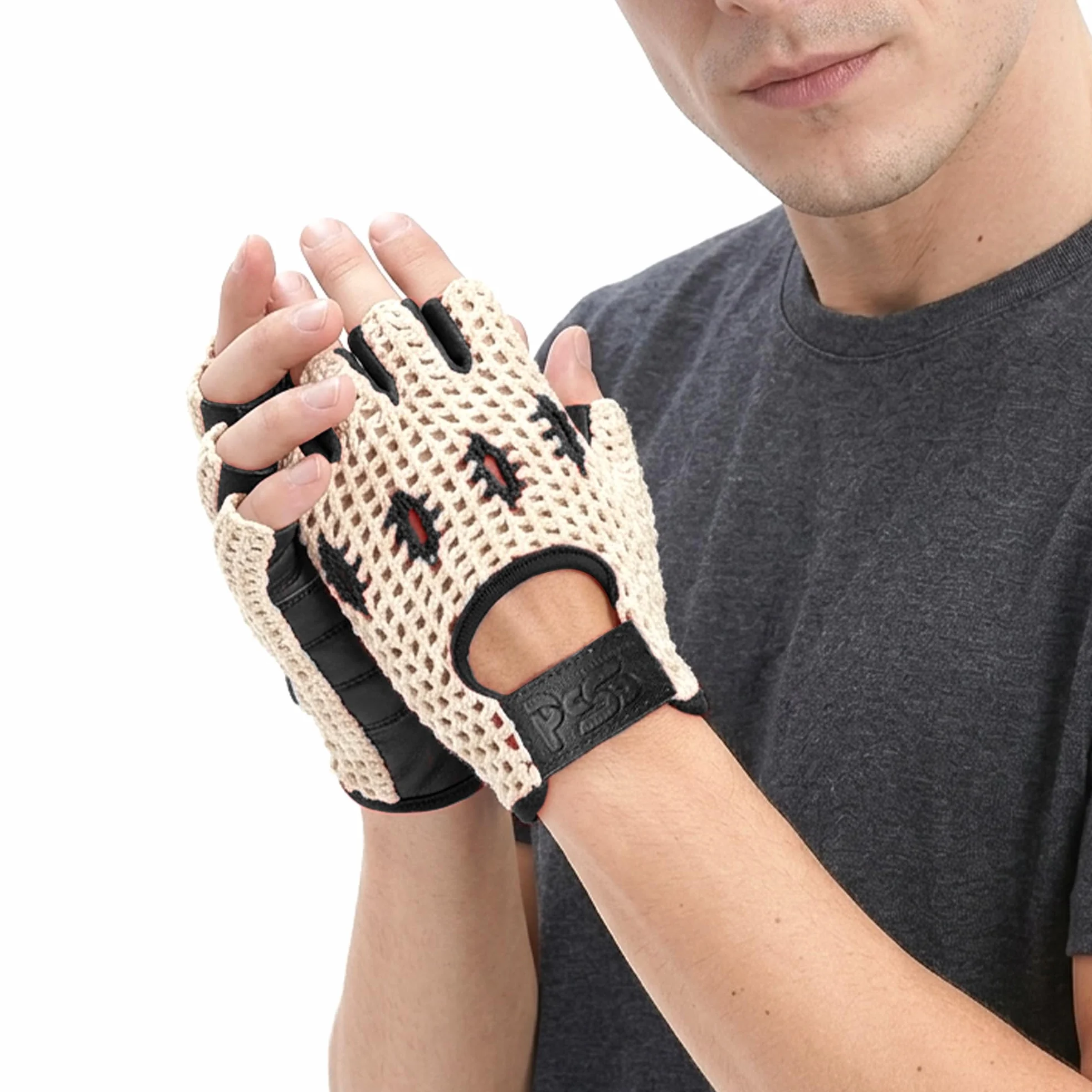 Mitaines Cuir Crochet Homme Conduite Vélo Cyclisme VTT Sans Doublure Demi-Doigts Rembourré Noir Rouge Camel