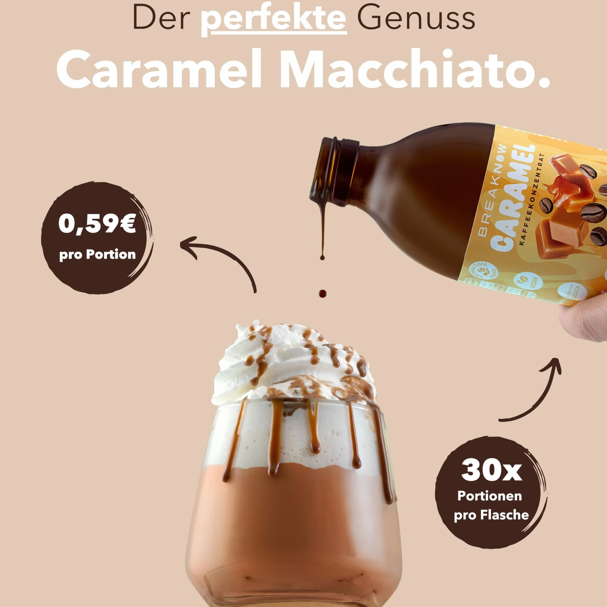 BreakNow Caramel Macchiato - Concentré de Café Glacé avec Arôme de Caramel - Sirop pour Cappuccino, Frappé - Prêt en 10 Secondes - 1 Bouteille = 30