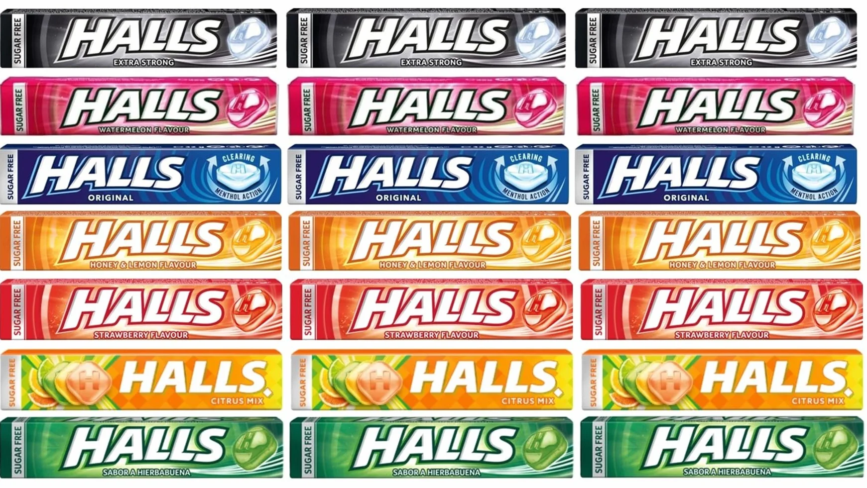 Halls Mints Mix – Mélange de saveurs rafraîchissantes – Fraise | Miel et citron | Original | Pastèque | Extra fort | Mélange d'agrumes | Menthe verte - 21 sachets de 35 g chacun