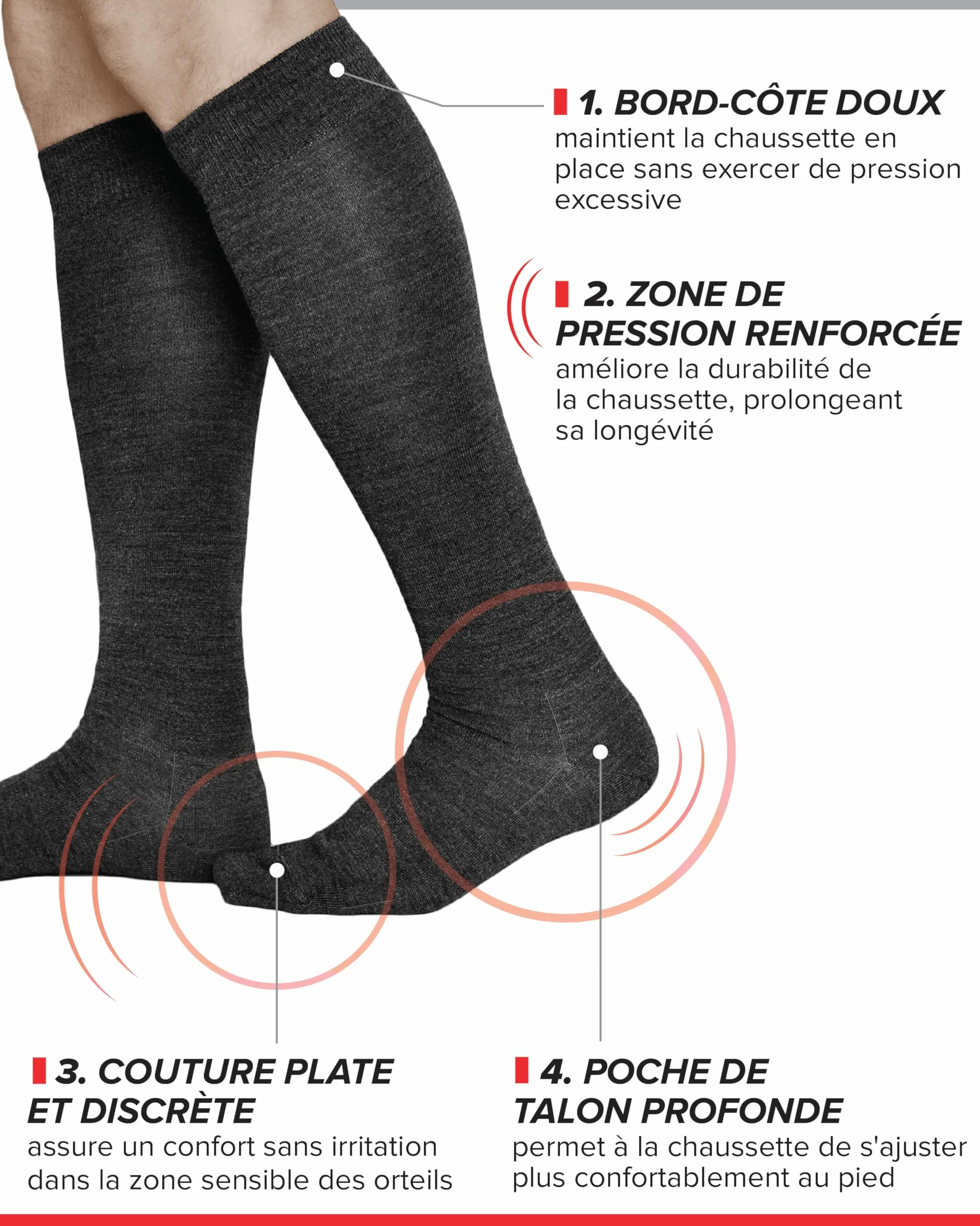 Chaussette haute 80% laine mérinos mi-bas chaud Homme longue montante au genou d'hiver fine respirante