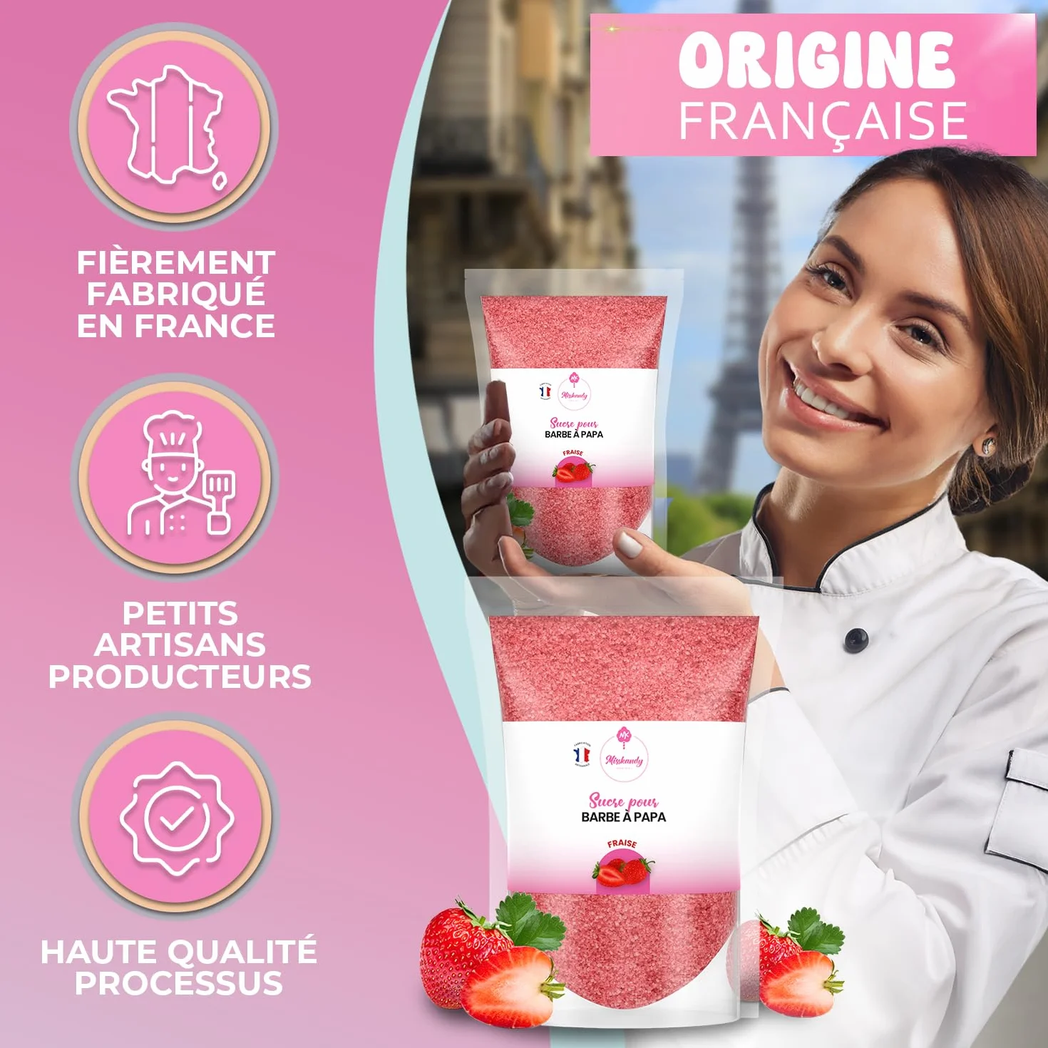 Misskandy®-Sucre Barbe à Papa pour machine- Lot de 2 * 160GR (Fraise- Framboise) / poudre barbapapa+ 10 Bâtonnets offerts - MADE IN FRANCE