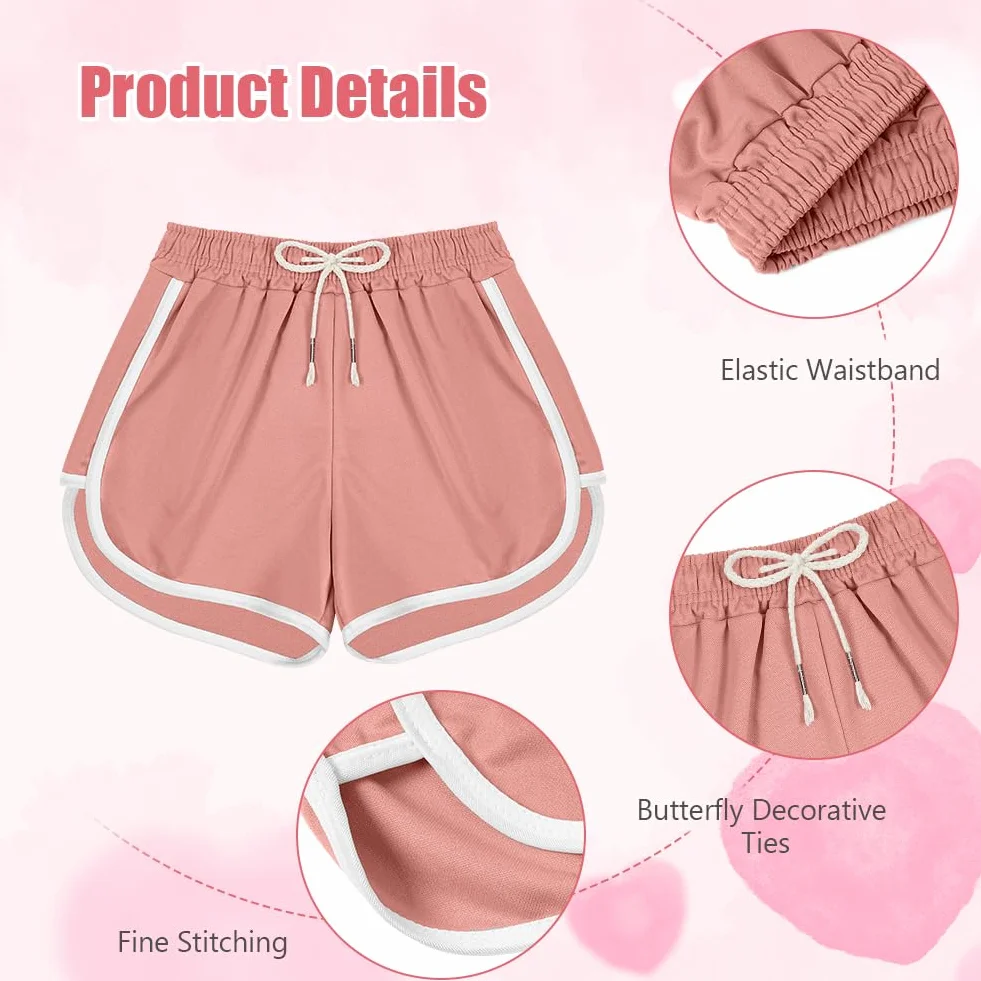Short de Sport Fille DiULi en Coton Élastique Respirant pour Course à Pied, Taille Haute avec Cordons, 2PCS Noir + Rose