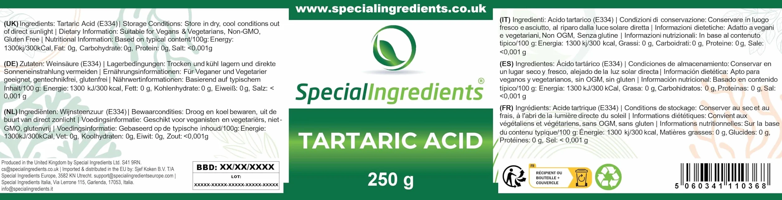 Ingrédients Spéciaux Acide Tartrique Poudre 250g Qualité Premium