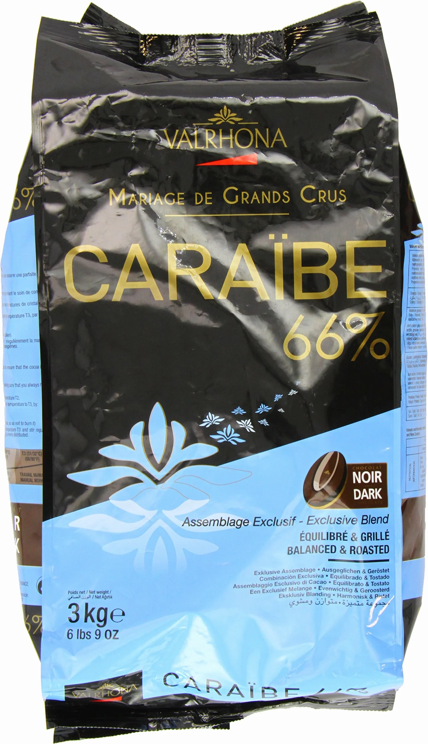 Fèves de chocolat noir Valrhona Caraïbe 66% Poids:3 kg