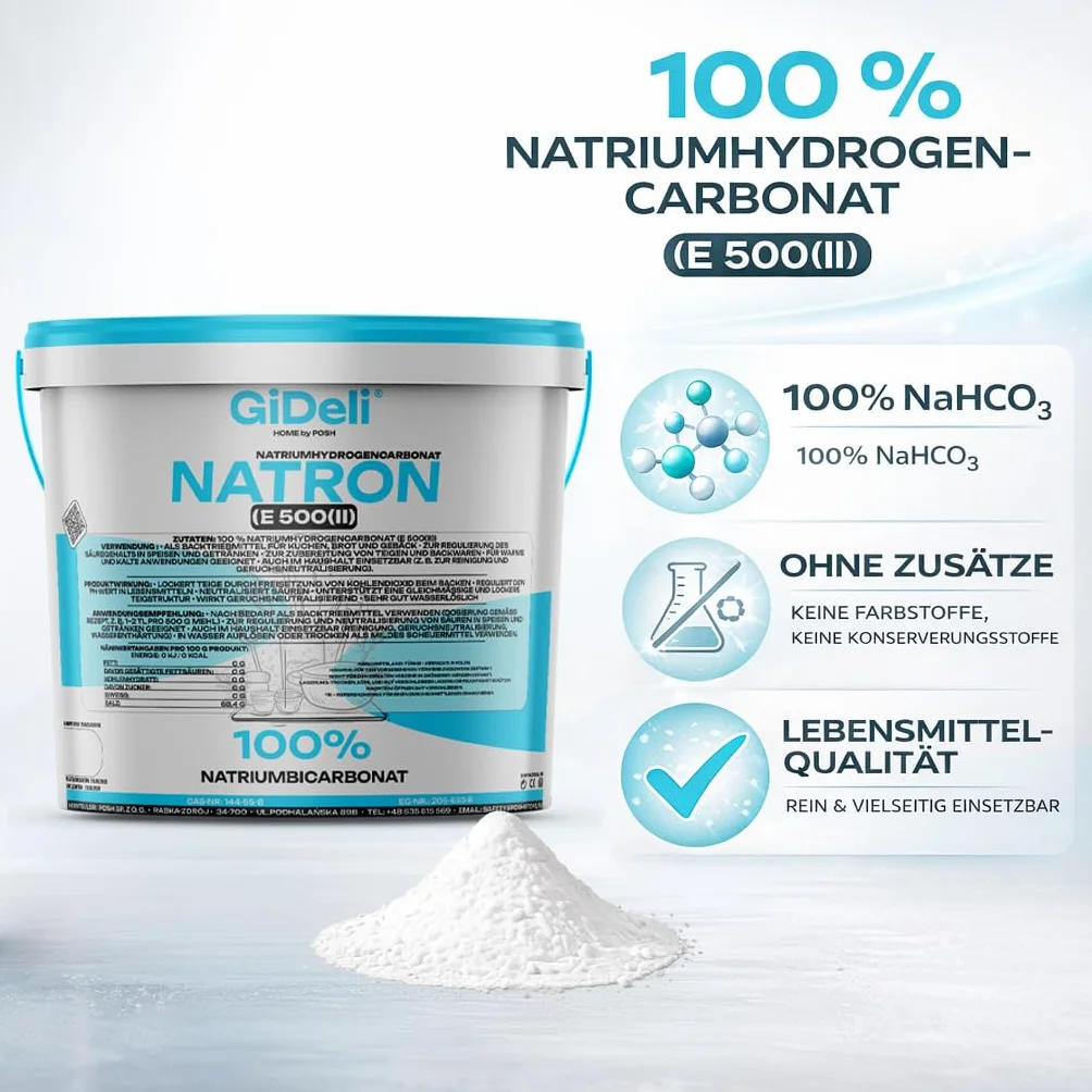 GiDeli Bicarbonate de Soude Qualité Alimentaire 10kg - Poudre de bicarbonate de sodium sans additifs - Idéal pour cuisiner, pâtisser, laver et nettoyer - Utilisation polyvalente dans la maison