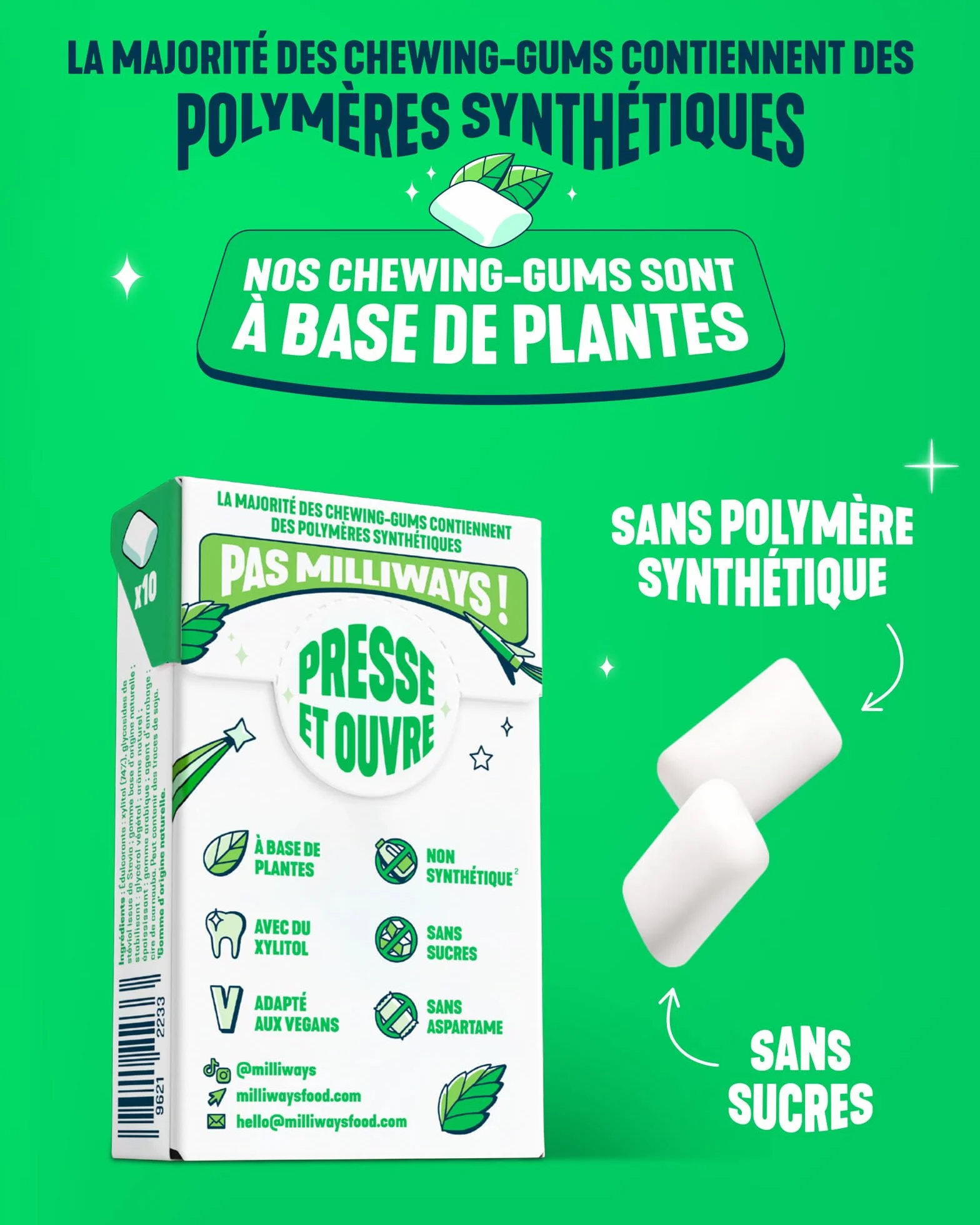 MILLIWAYS Chewing Gum sans Sucres à la Chlorophylle 12 Boîtes de 10 Dragées 20g Xylitol