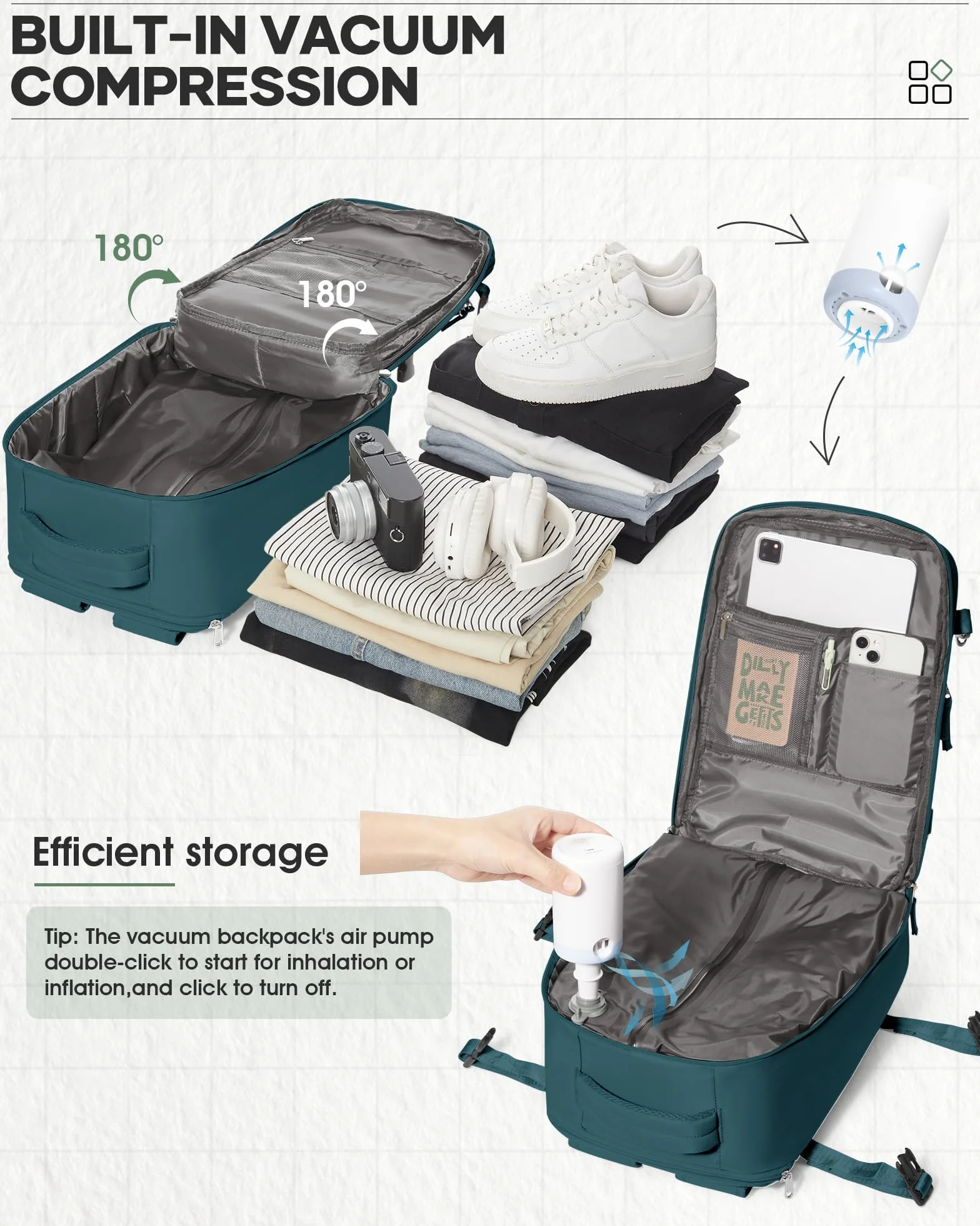 WEFLIER Sac à Dos de Compression Voyage 45×36×20 sous vide Imperméable Bleu