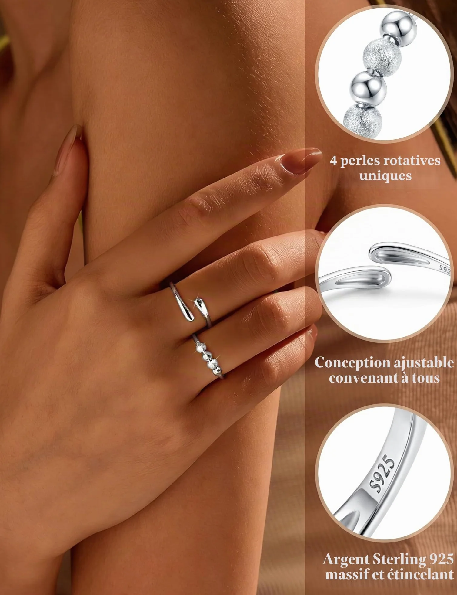 Bague Anti Stress Femme Argent 925 Bague Reglable Spinner Ring avec Perles