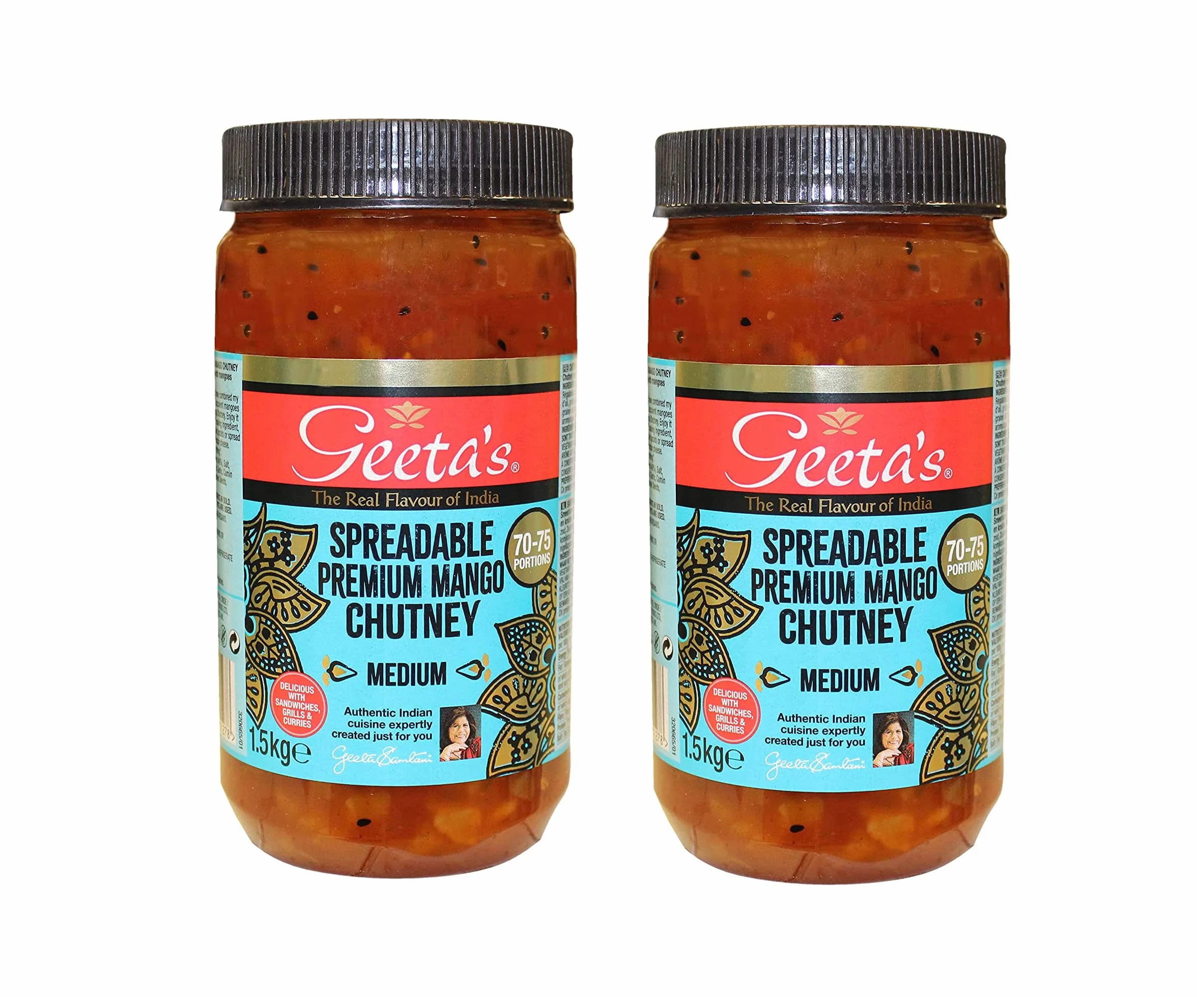 Geeta's Lot de 2 chutney mangues indiennes de qualité supérieure - Taille moyenne - 1,5 kg - Pour la maison, le travail, les traiteurs, les cafés