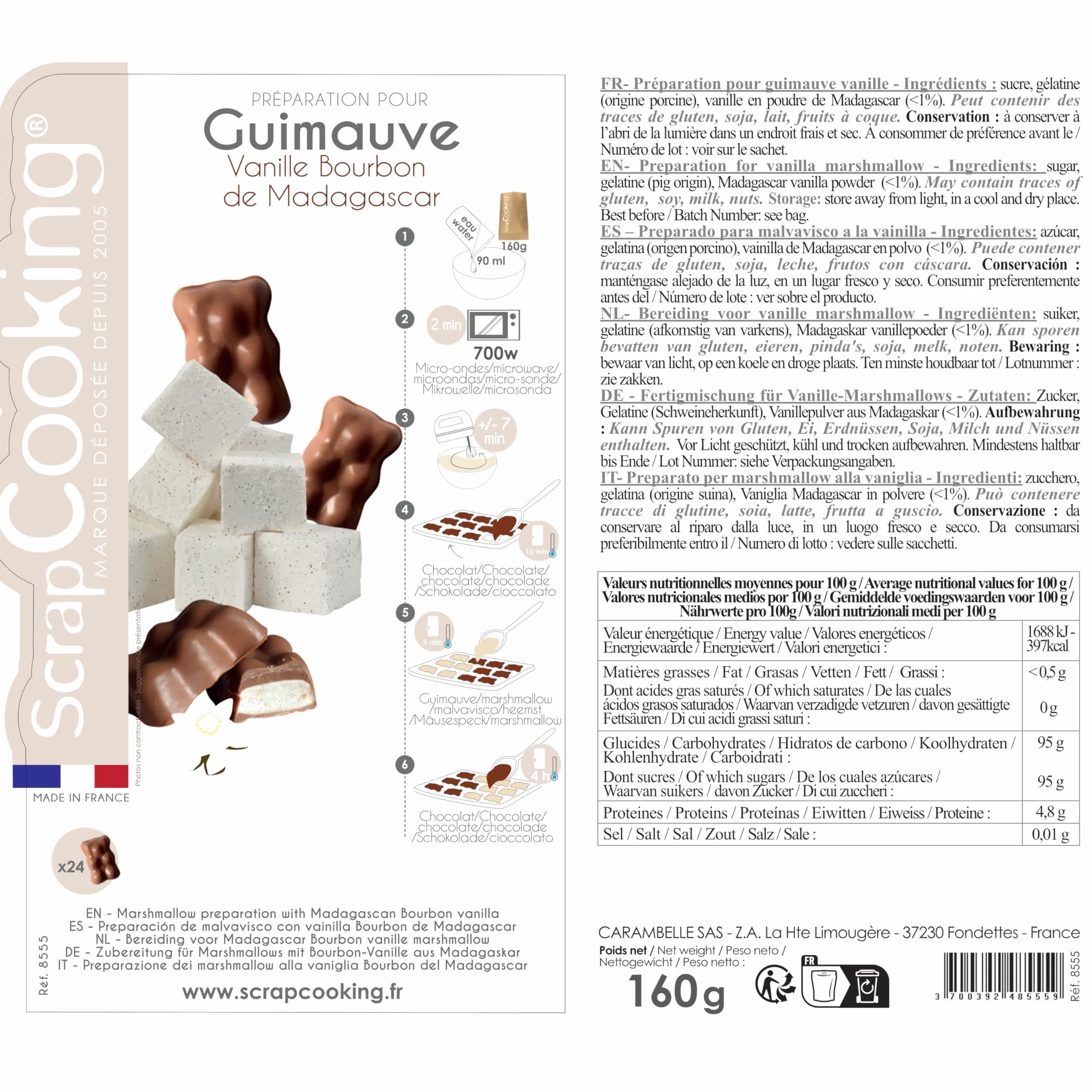 ScrapCooking - Préparation pour Guimauve Vanille 160 g - Mix pour Chamallow & Ourson Guimauve Maison - Vanille Bourbon de Madasgascar - Cuisine Pâtisserie - Fabriqué en France - 8555