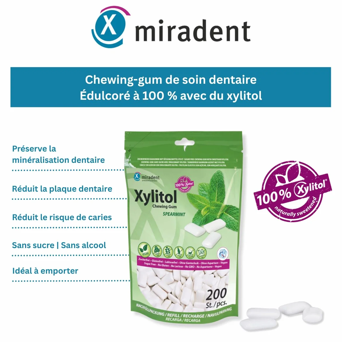 Miradent Chewing-gum dentaire au xylitol Pack économique 200 pcs goût Spearmint sans sucre vegan