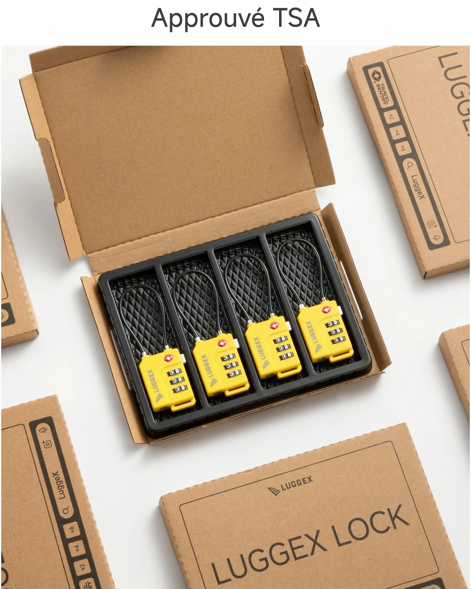 LUGGEX Cadenas Valise TSA Approuvé à Combinaison 3 Chiffres avec Câble Flexible pour Bagages, Noir, 4 pièces