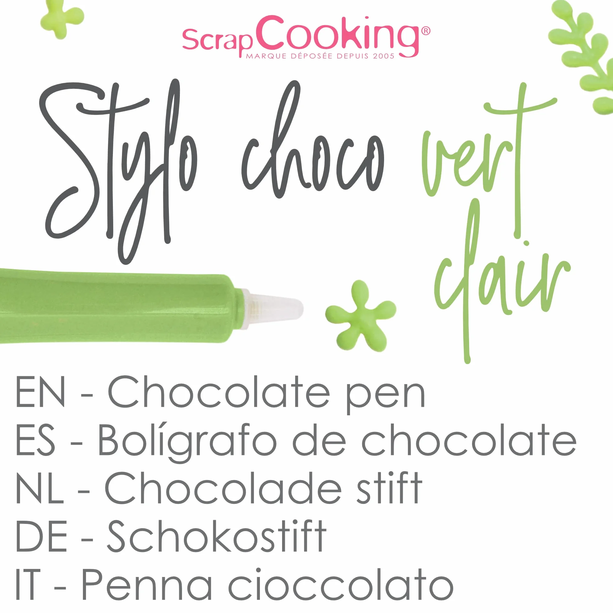 ScrapCooking - Stylo Choco Vert Clair - Crayon Alimentaire Pâtisserie 25 g - Stylo Décoratif Comestible - Écrire & Dessiner sur Desserts, Gâteaux & Biscuits Anniversaire Pâques Noël - 6805