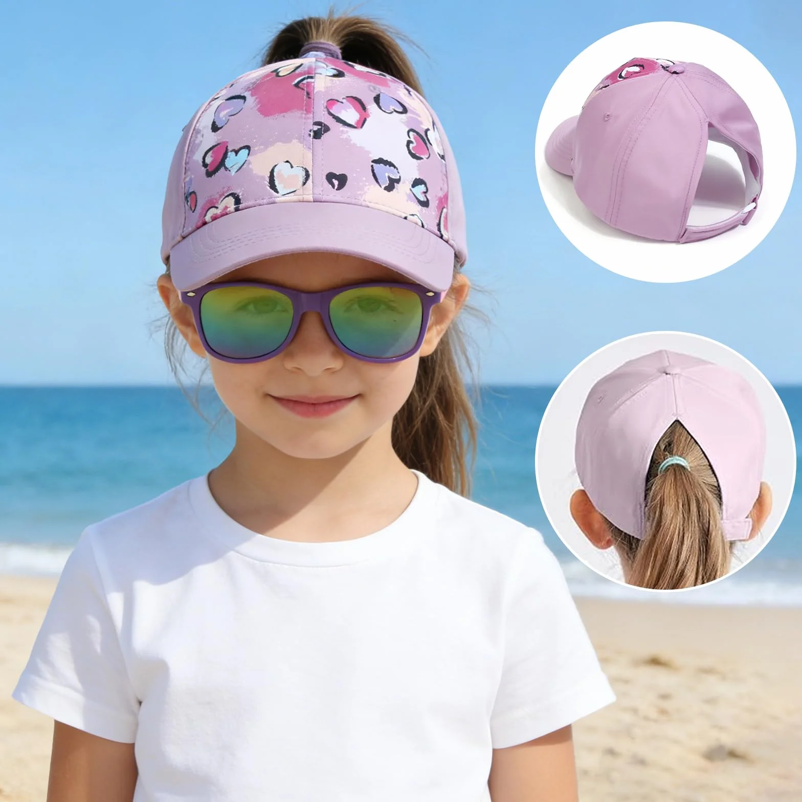 Casquette Lunettes de Soleil Enfants Fille, Chapeau de Soleil Fille Queue de Cheval Doux Confortable, Anti-Soleil Respirant