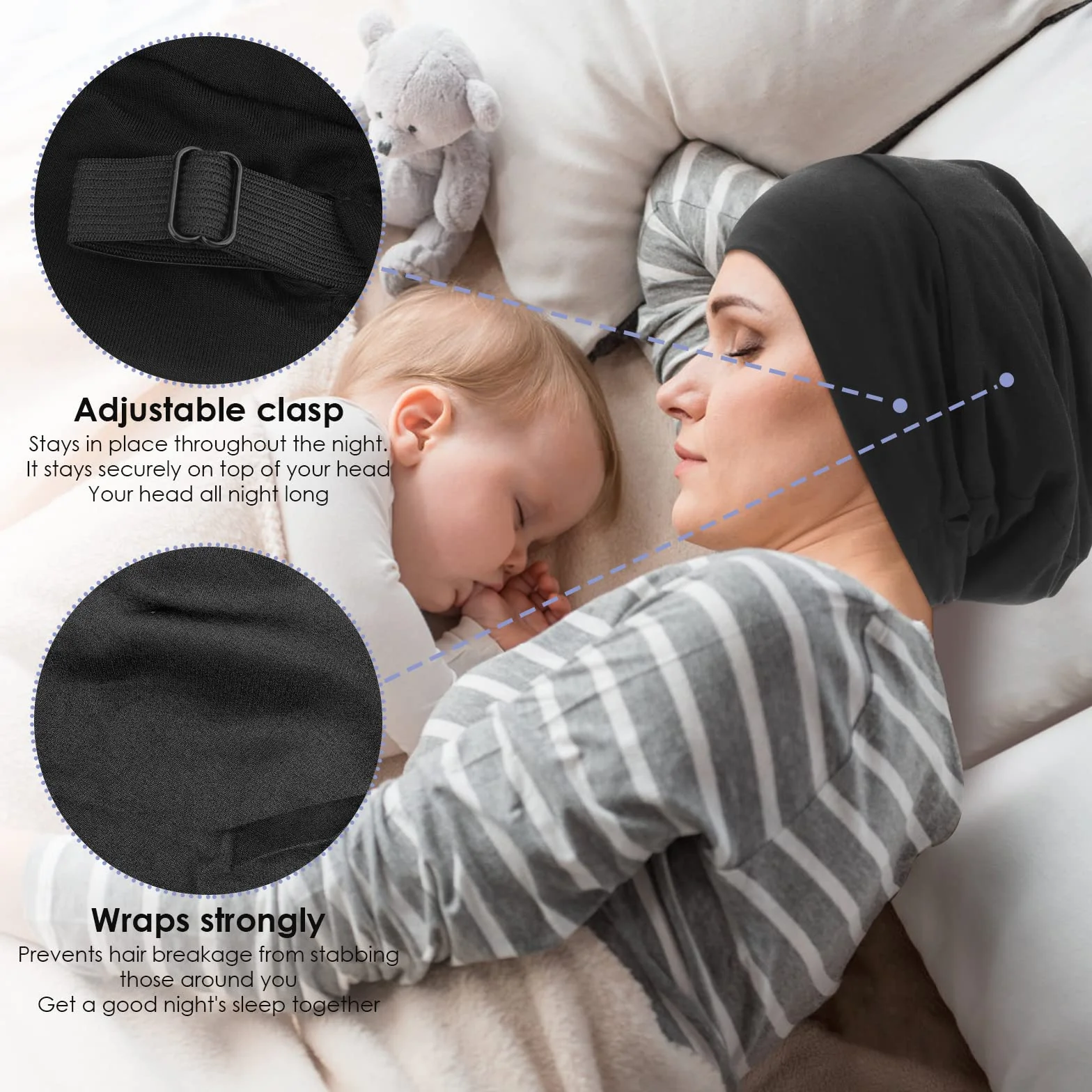 Bonnet de nuit en satin réglable avec doublure en soie - Noir