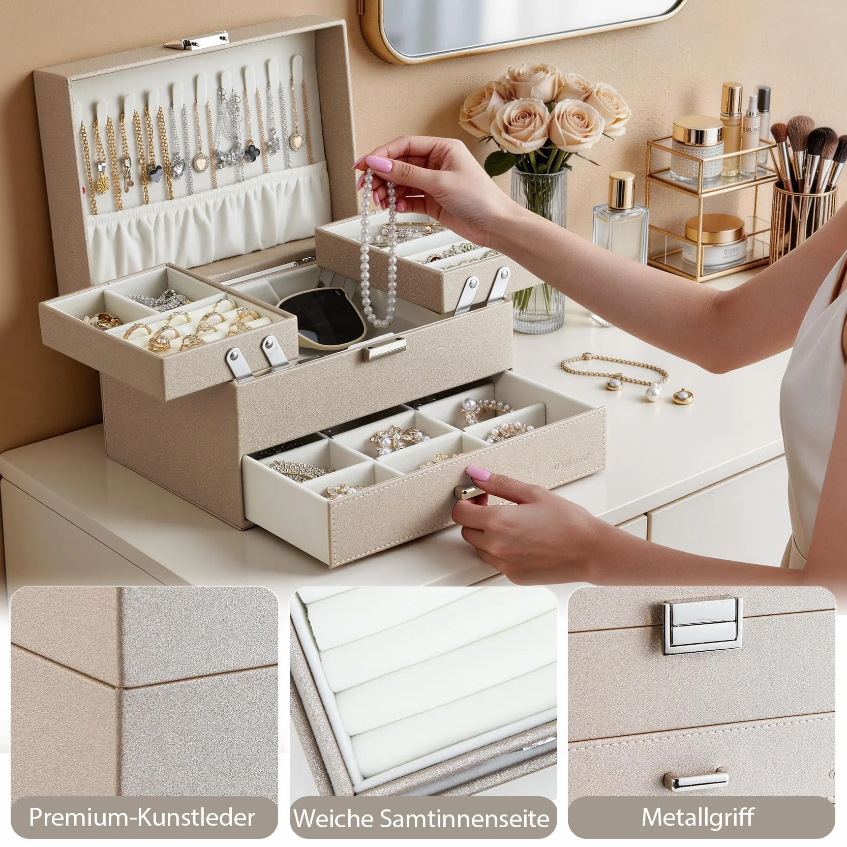 Dajasan Boîte à Bijoux 3 Couches Grande Coffret à Bijoux avec Support Métallique Mobile Cuir PU pour Coiffeuse