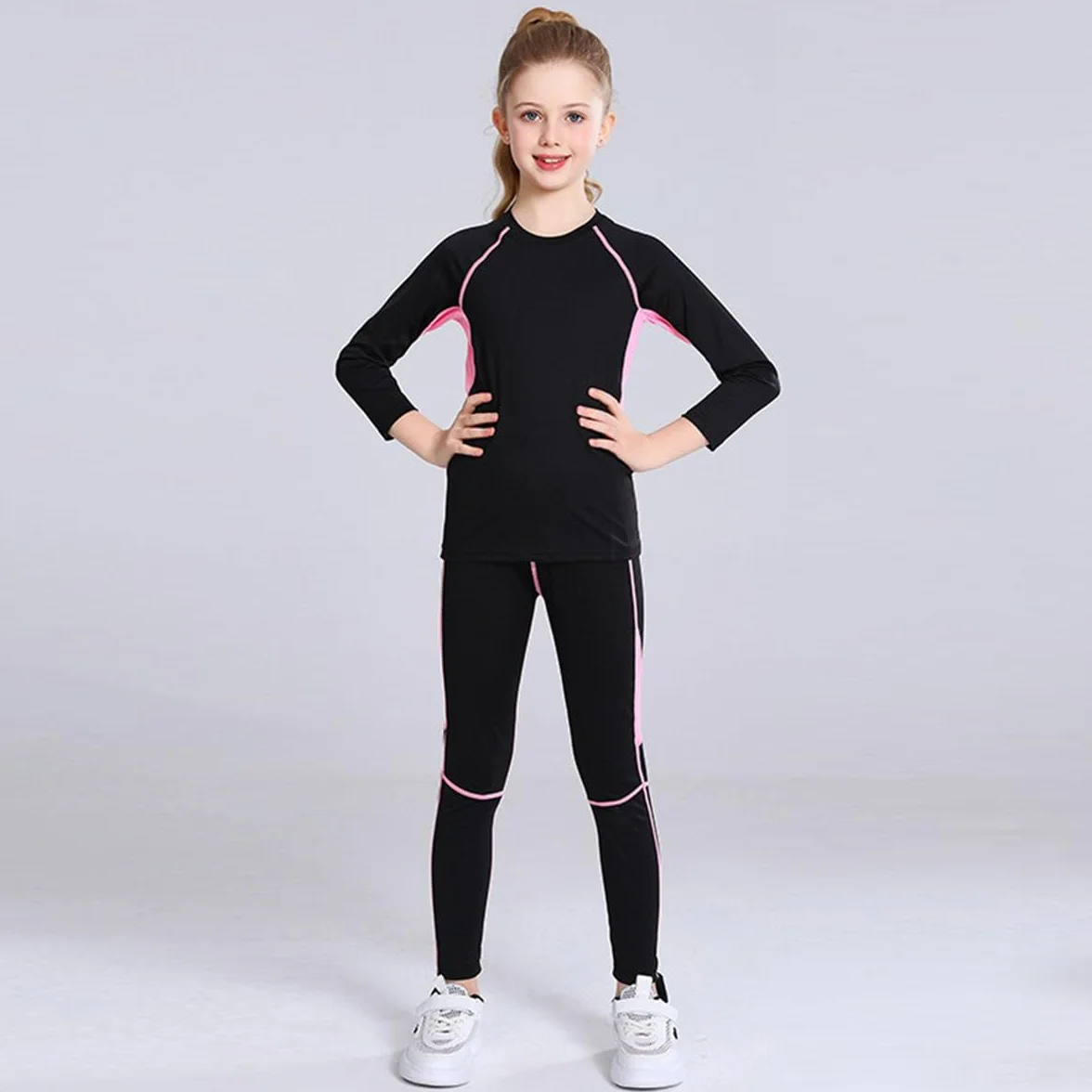 Linboo Survêtement de sport 2 pièces pour fille manches longues pantalon respirant élastique ensemble danse fitness enfants