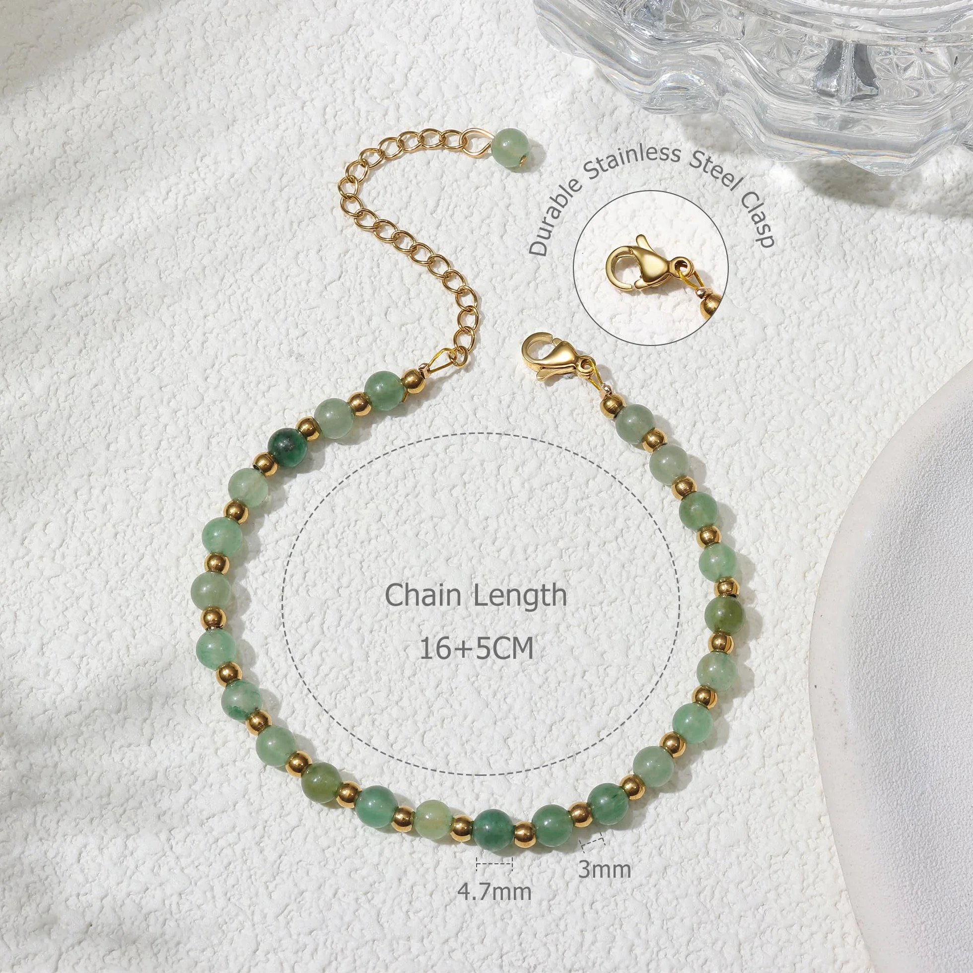 Bracelet Pierre Naturelle Femme 5MM Acier Inoxydable 3MM Plaqué Or Bohème Cristal