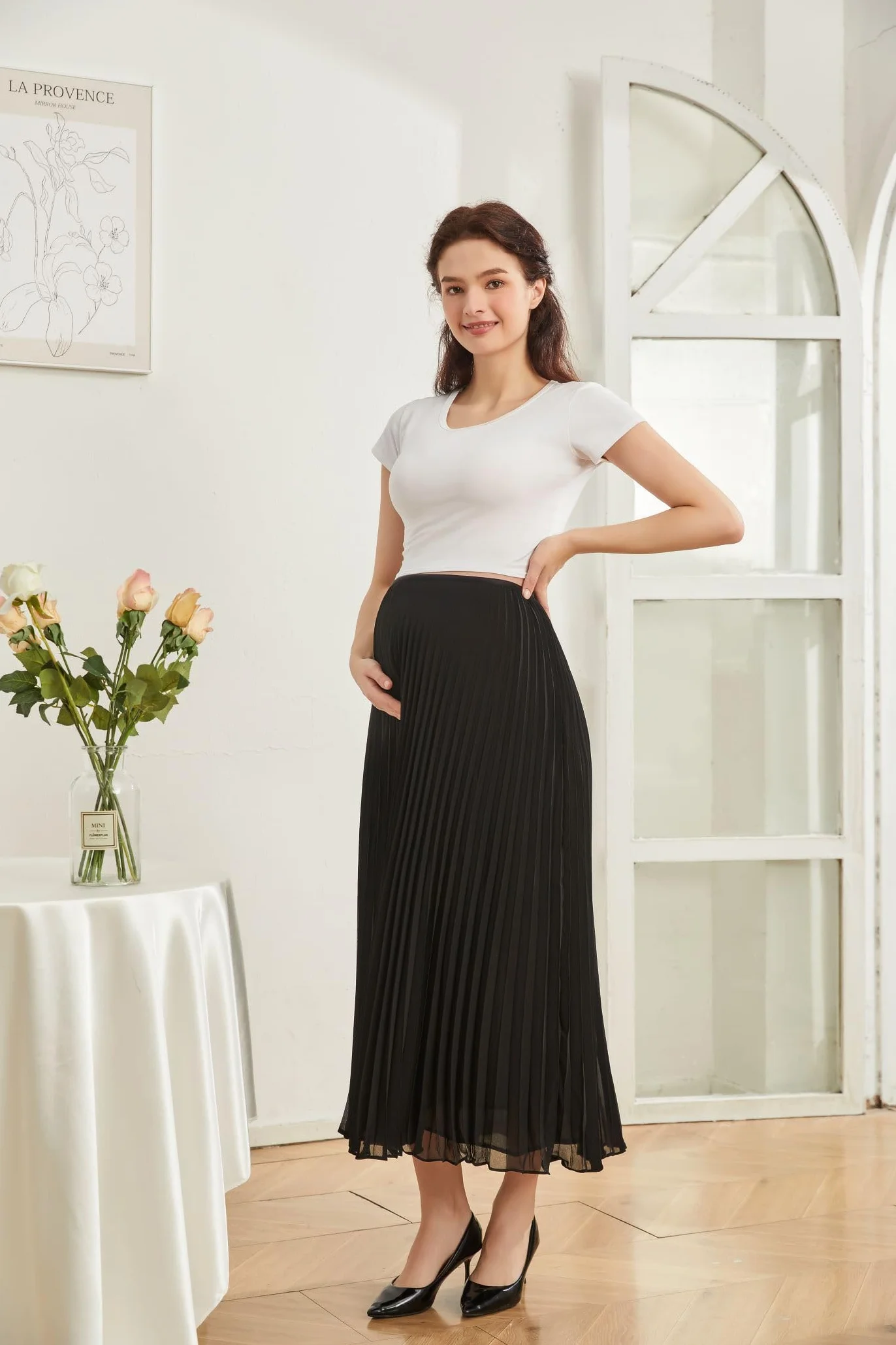 Jupe de Maternité Plissée Taille Haute Femme Grossesse au-Dessus Ventre
