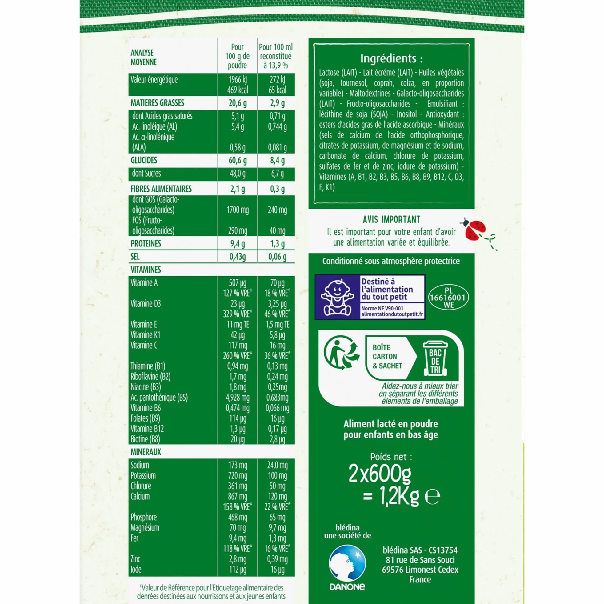 Blédina - Blédilait Croissance 3ème âge - Lait en poudre pour bébé - De 1 à 3 ans - Lot de 3x1,2kg