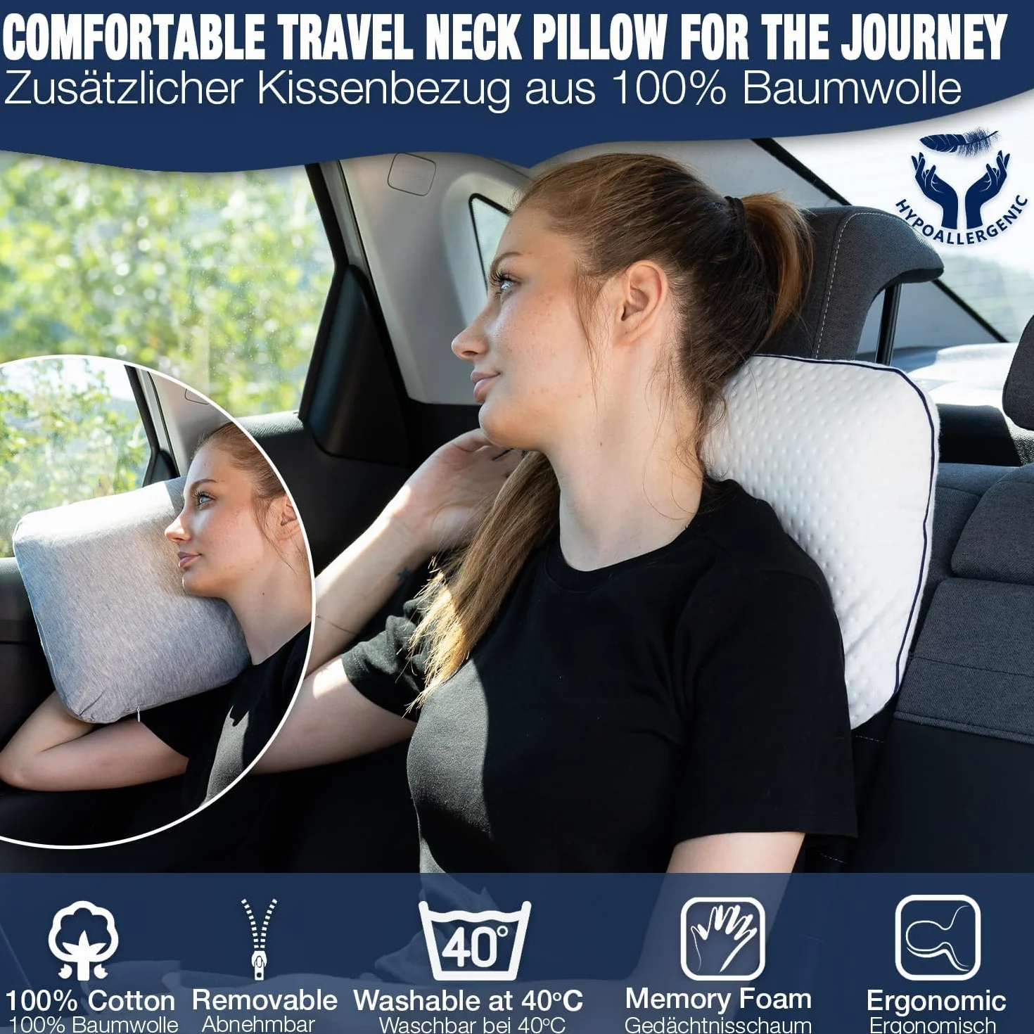 Oreiller de Voyage Oreiller de Camping Mousse à Mémoire de Forme Housse en Coton Sac Inclus