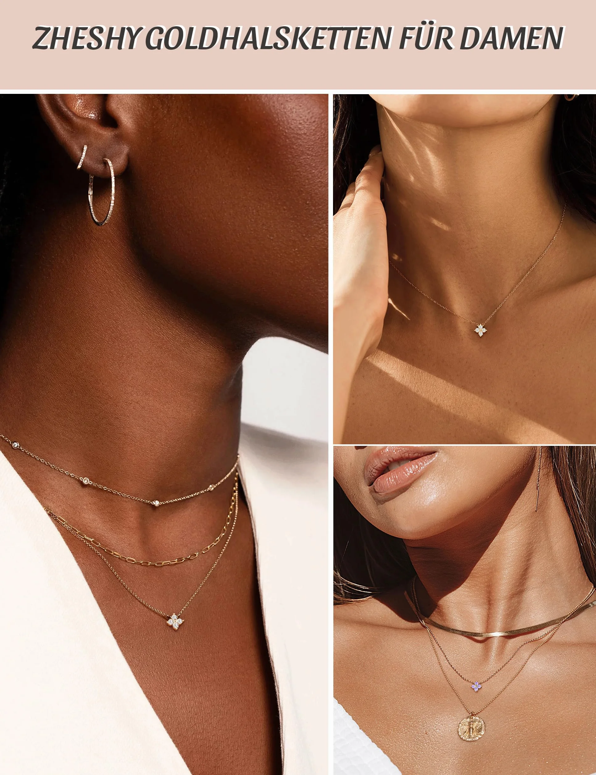 Collier Femme Or Plaqué Or 14k Zircone Cubique Trèfle 4 Feuilles Réglable Imperméable Cadeau
