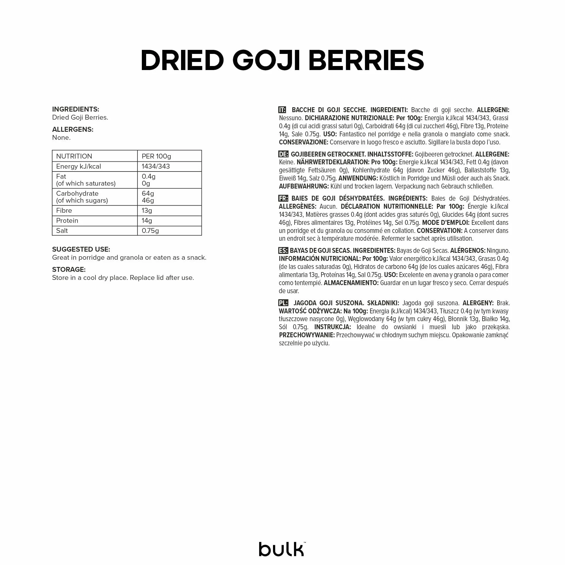 Bulk Baies de Goji Séchées, 500 g
