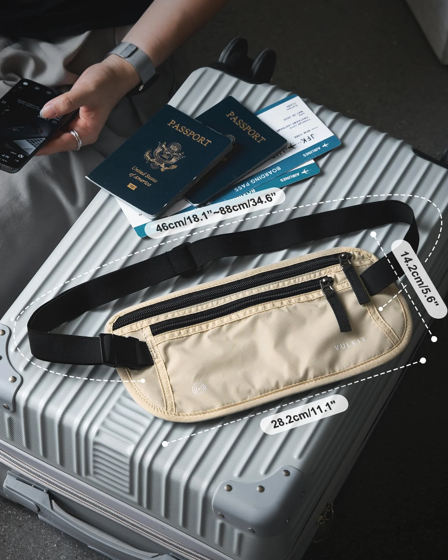 VULKIT Banane de Voyage Anti-Vol RFID Blocage Pochette Passeport Blanc Crème