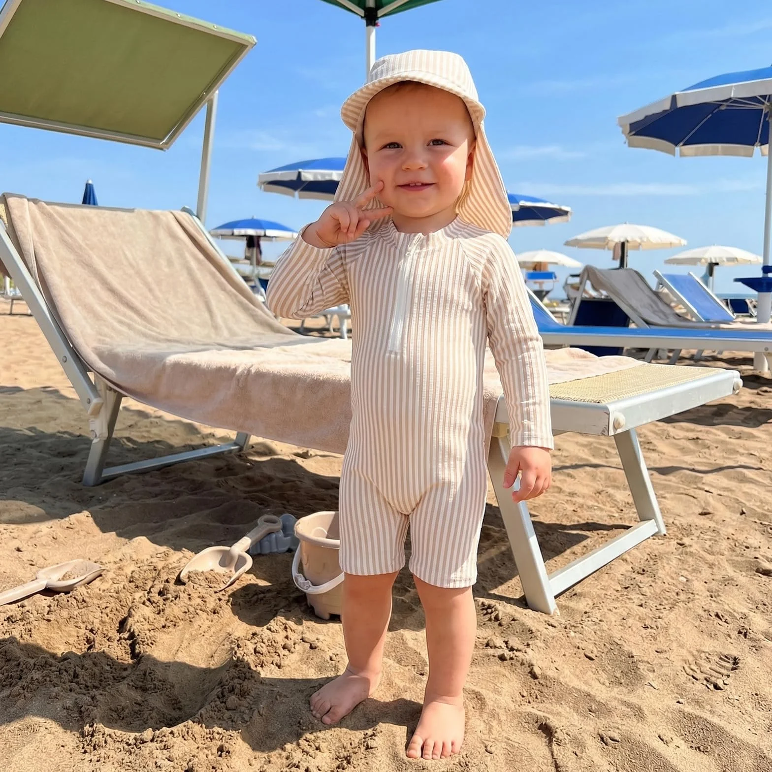 Caziffer Maillot de Bain Une Pièce avec Zip pour Bébé Garçon Manches Longues Protection Solaire avec Chapeau