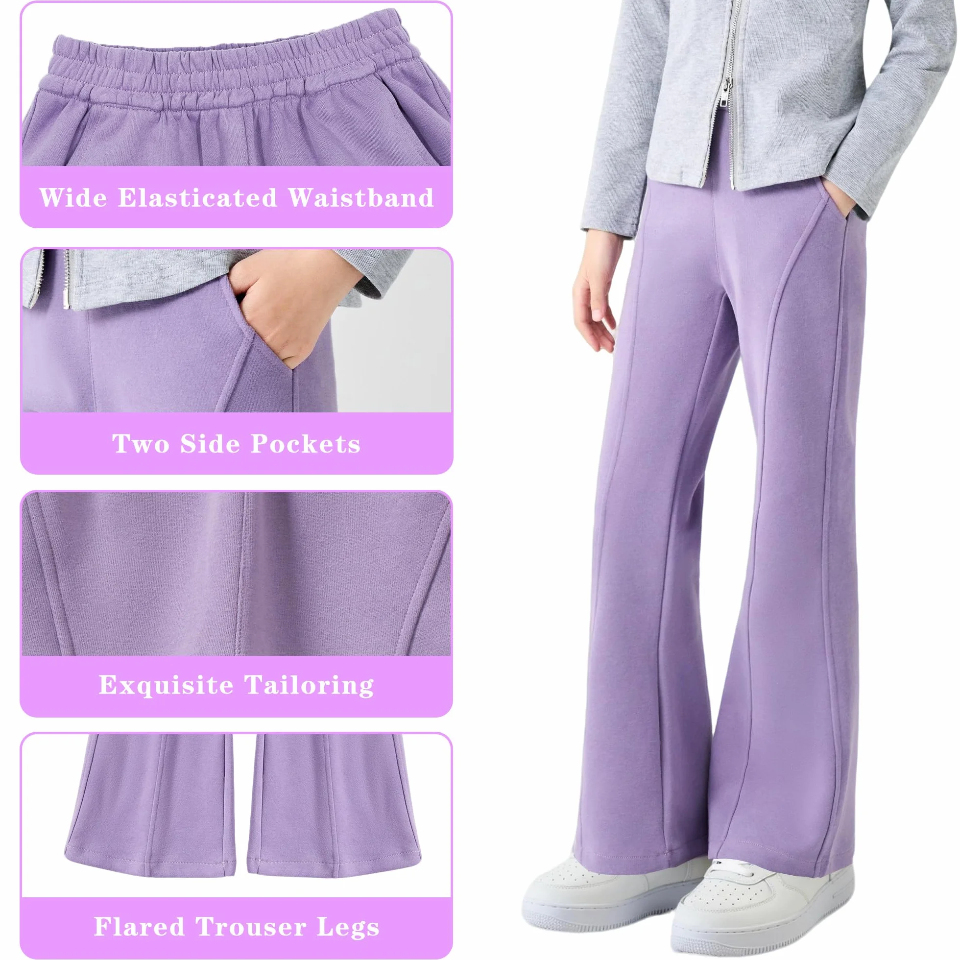 Pantalon Jogging Évasé Filles Taille Élastique Haute Coton Sport avec Poches Respirant Survêtement Bootcut Enfants 7-14 Ans