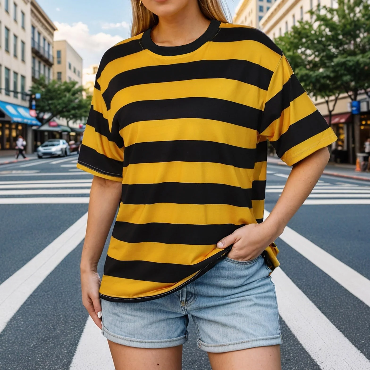 T-shirt rayé pour femme Jaune et noir Col rond Manches courtes