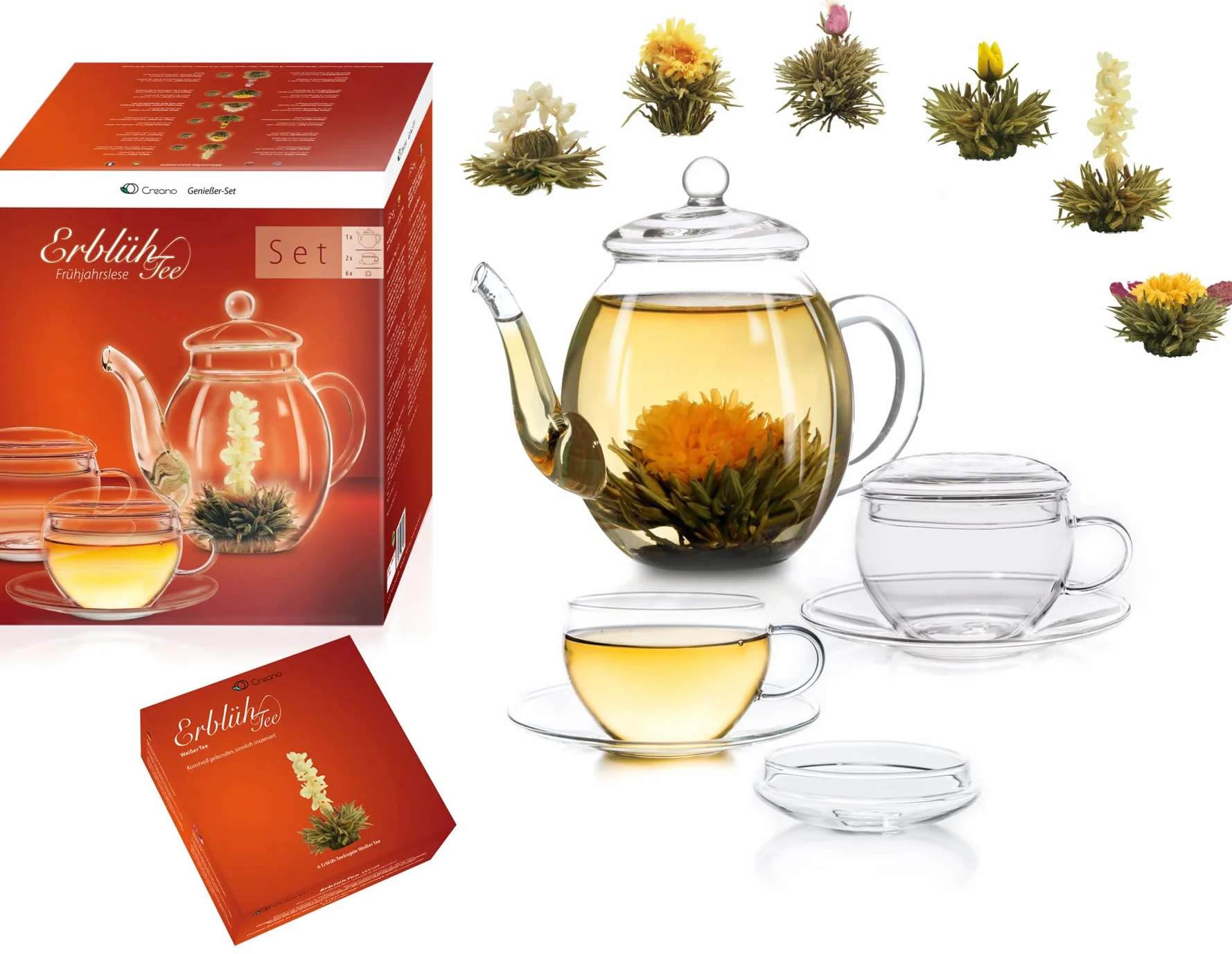 Creano – Coffret Fleur de Thé 6 pcs + Théière verre 500 ml sans goutte + 2 Tasses de thé 200 ml soufflées à la bouche – 6 variétés de thé blanc, idée cadeau – Thé en Fleurs
