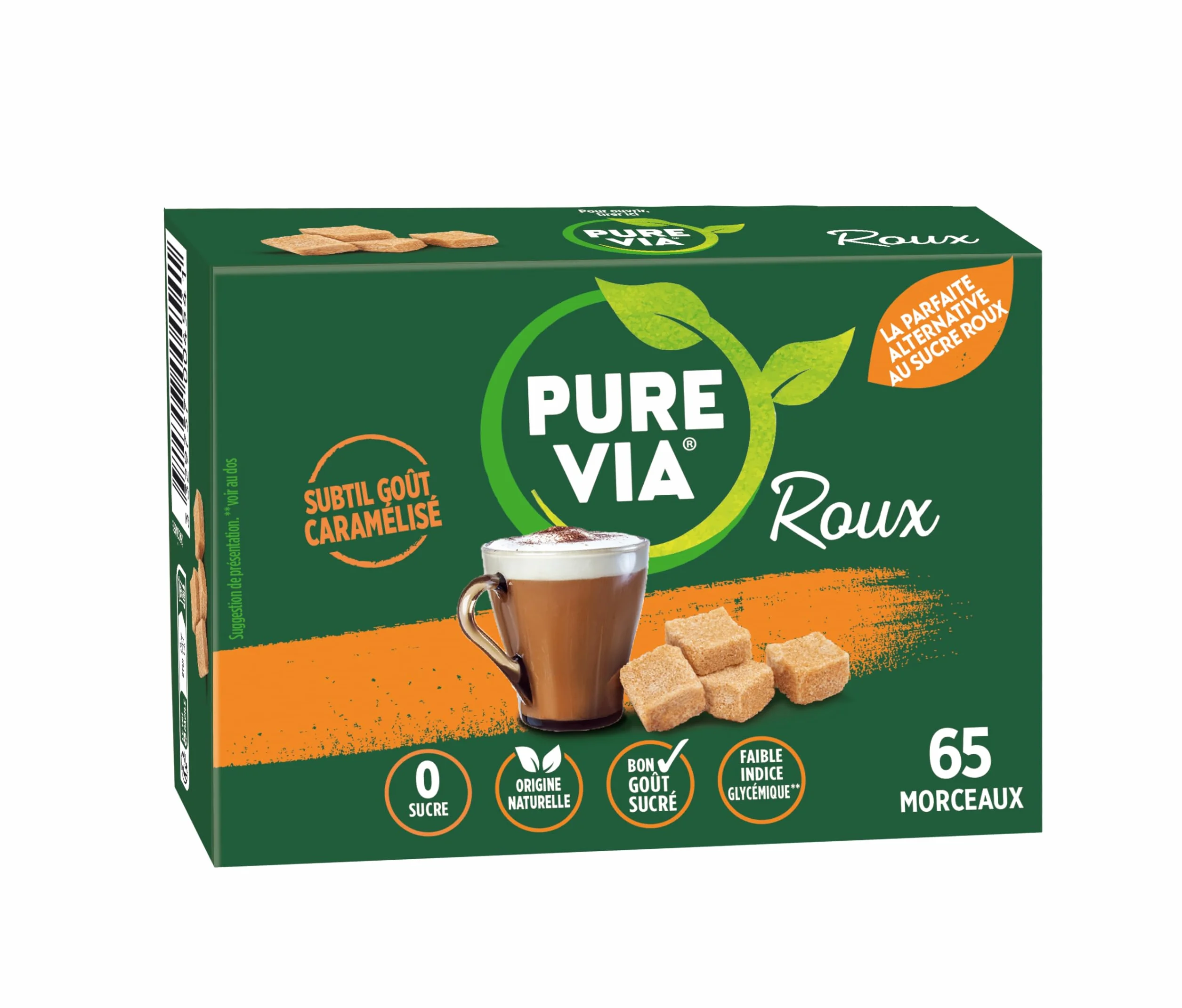 Pure Via - Roux - Boîte de 65 Morceaux - Faible teneur en calorie, Zéro Sucre - Alternative d'Origine Naturelle au Sucre Roux | 130g