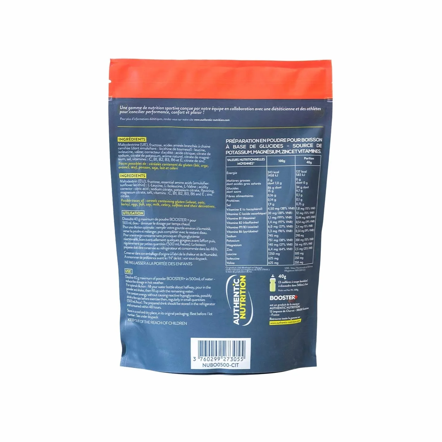 Boisson isotonique de qualité pour efforts longs - 34 g de glucides par portion - Très digeste - Utilisée par les sportifs pro - Fabrication 100% française - Arôme citron/citron vert - Format 500 g