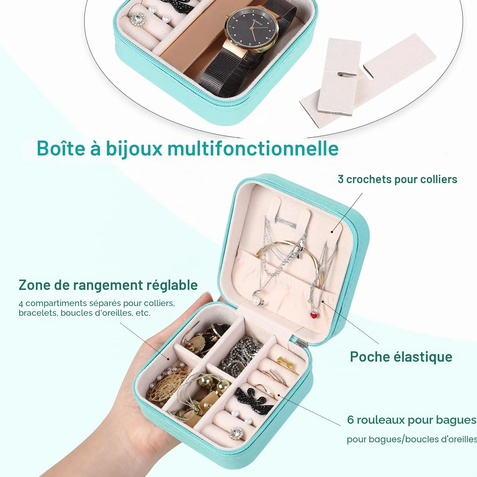 AiQInu Boîte à Bijoux de Voyage, Petite Coffret PU-Leder Rangement pour Bagues, Boucles, Colliers (Bleu)