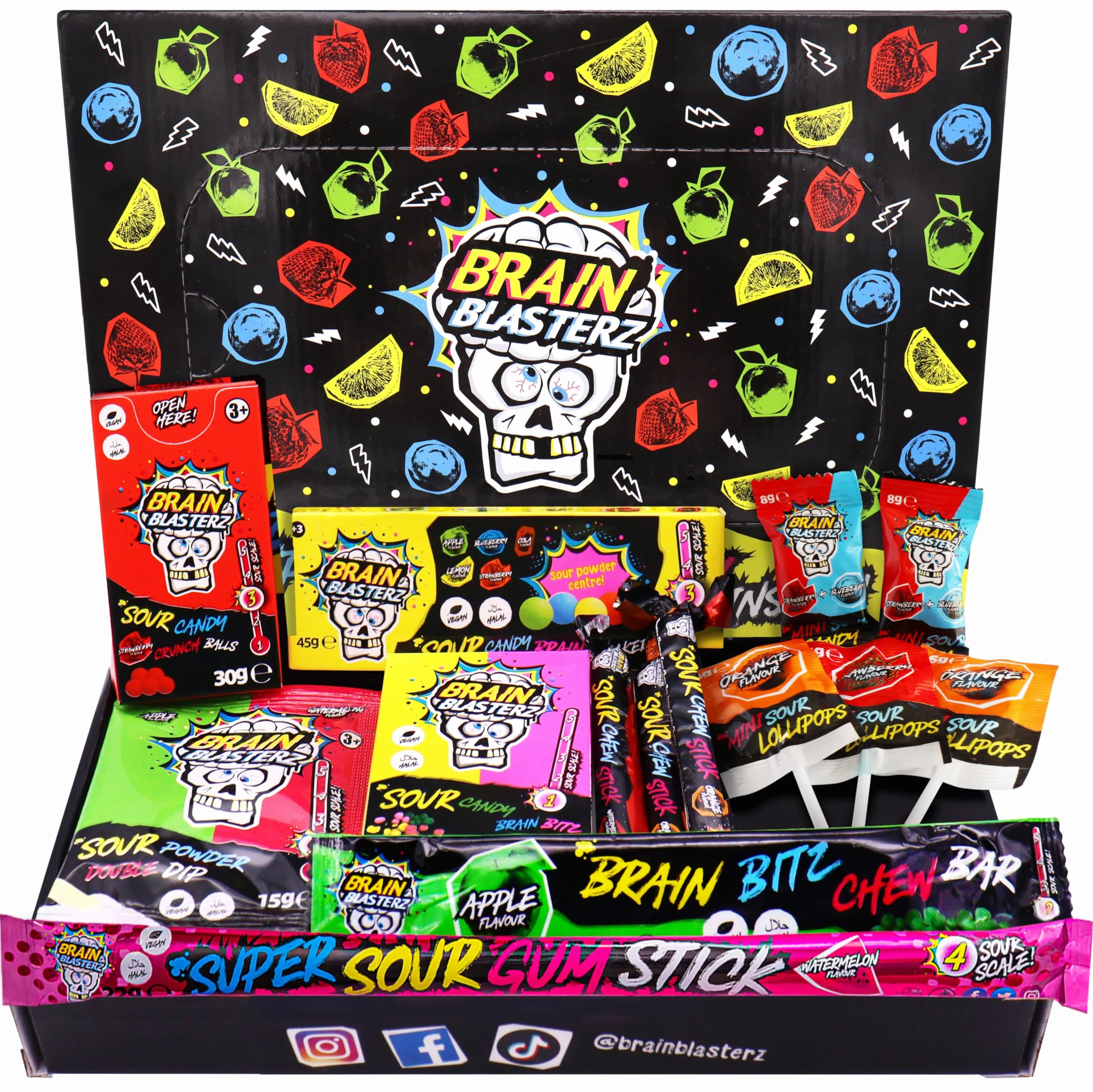 Brain Blasterz Boîte à friandises Super Sour Sweet – Hard Candy, Brain Breakerz, Candy Spray, Sour Powder Dipper et plus encore | Fraise, pastèque, baies et plus encore