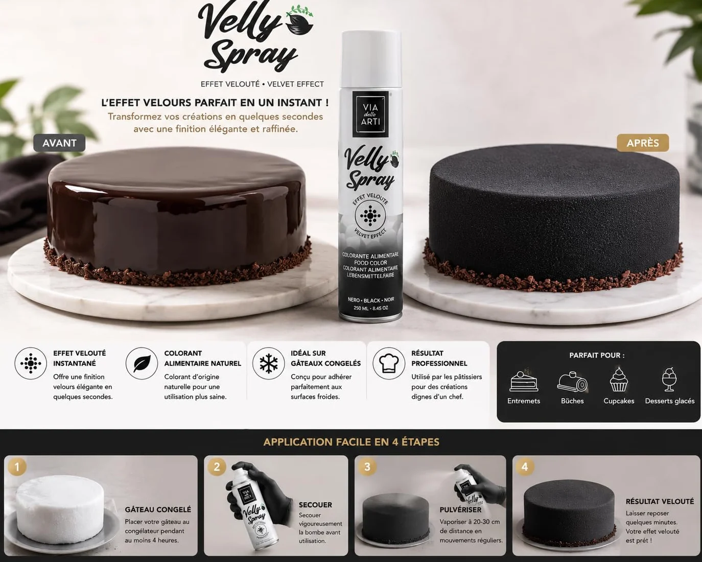 Bombe Spray Alimentaire Effet Velours, 250 mL - Pulvérisé sur vos Entremets, Bûches et Petits Gâteaux préalablement passés au congélateur (noir)