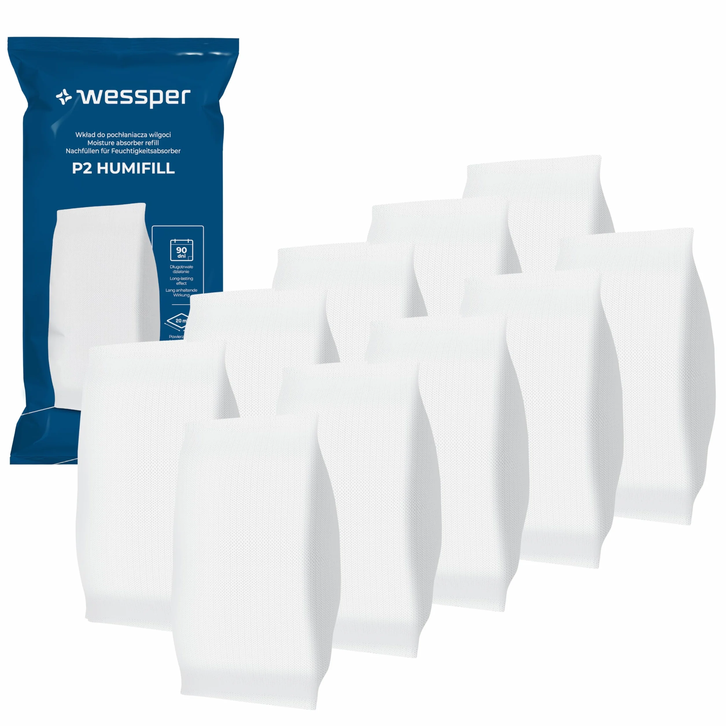 Wessper Lot de 10 Recharges Absorbeur d'Humidité 250g. Sachets Universels Compatibles Tous Modèles. Contre l'Humidité, la Condensation, la Moisissure et les Odeurs. Idéal Salle de Bain, Cave, Armoire