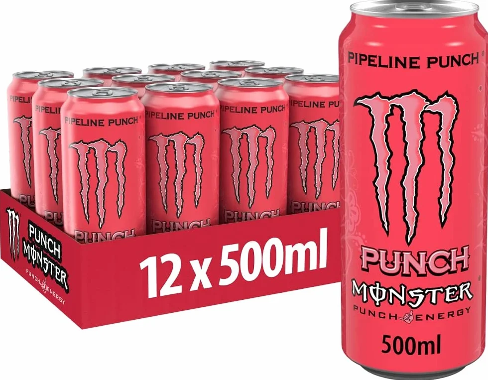 Monster Energy Pipeline Punch – Boisson énergisante caféinée au goût rafraîchissant de fruit de la passion, orange et goyave – dans des boîtes jetables pratiques (12 x 500 ml)