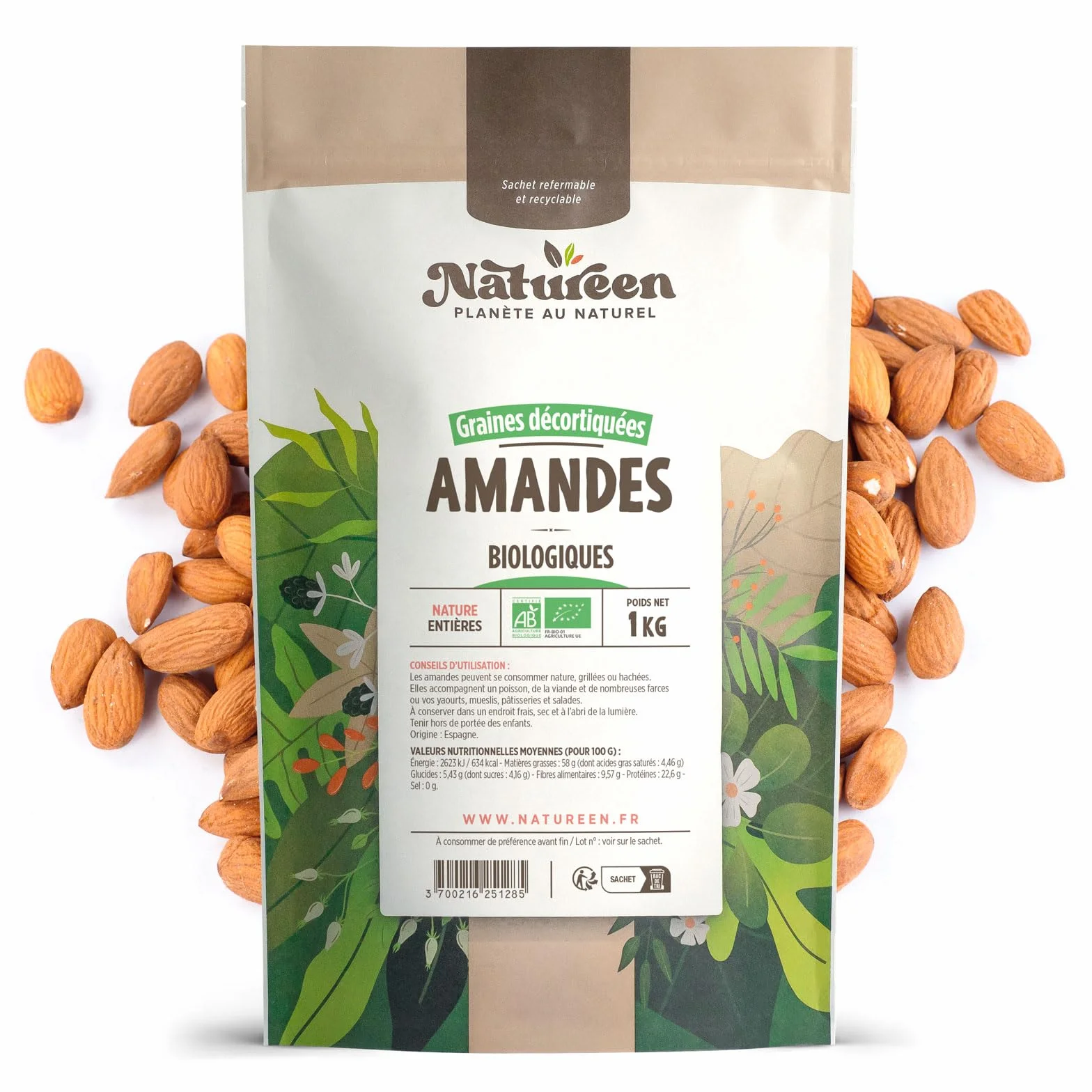 Amandes Entières Bio Décortiquées - 1 kg