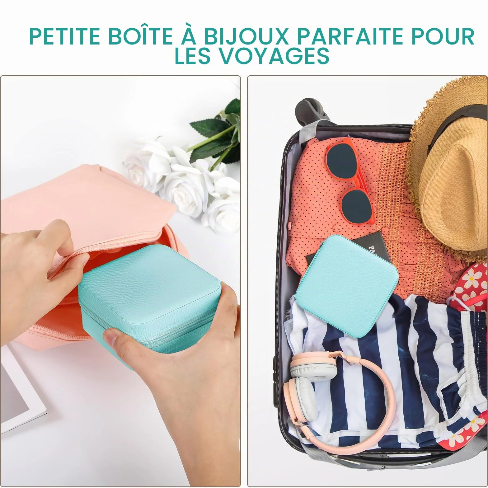 AiQInu Boîte à Bijoux de Voyage, Petite Coffret PU-Leder Rangement pour Bagues, Boucles, Colliers (Bleu)