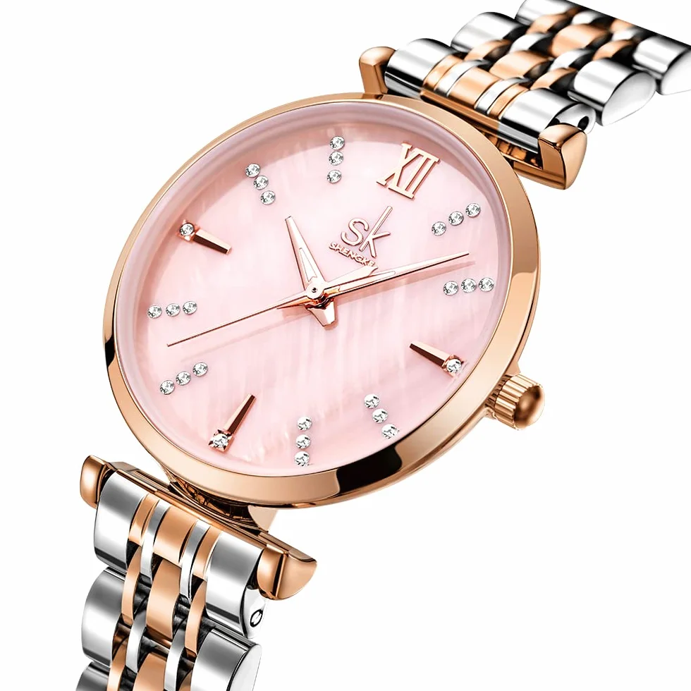 SHENGKE SK Montre Classique pour Femme avec Bracelet en Acier Inoxydable et Cuir véritable